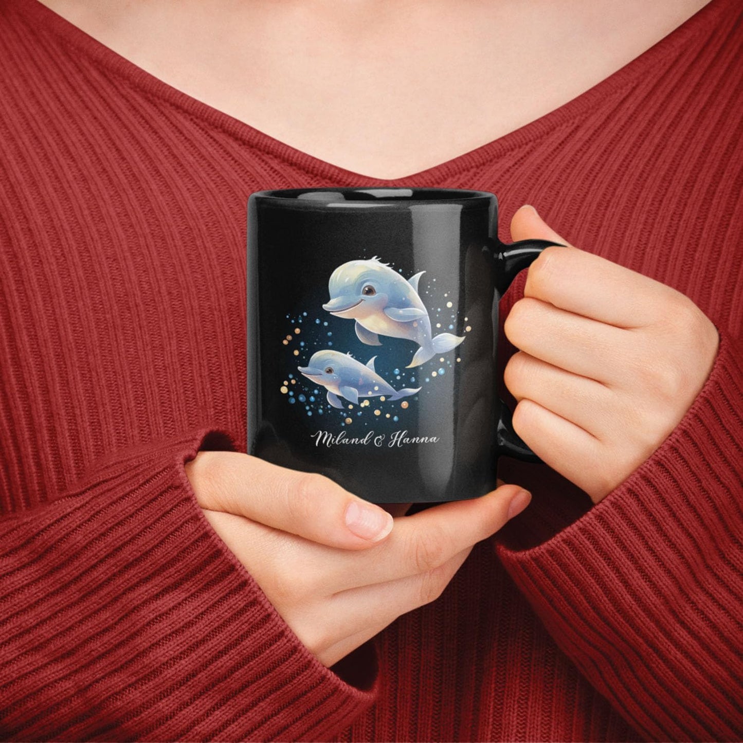 Custom Name Xmas Animal Cup, Cute Dolphins Swimming Design Mug 11oz 15oz, Customized Christmas Dolphins Black Cup, Personalized Animal Lover Coffee Mug, Gift For Newlyweds, Close Friend