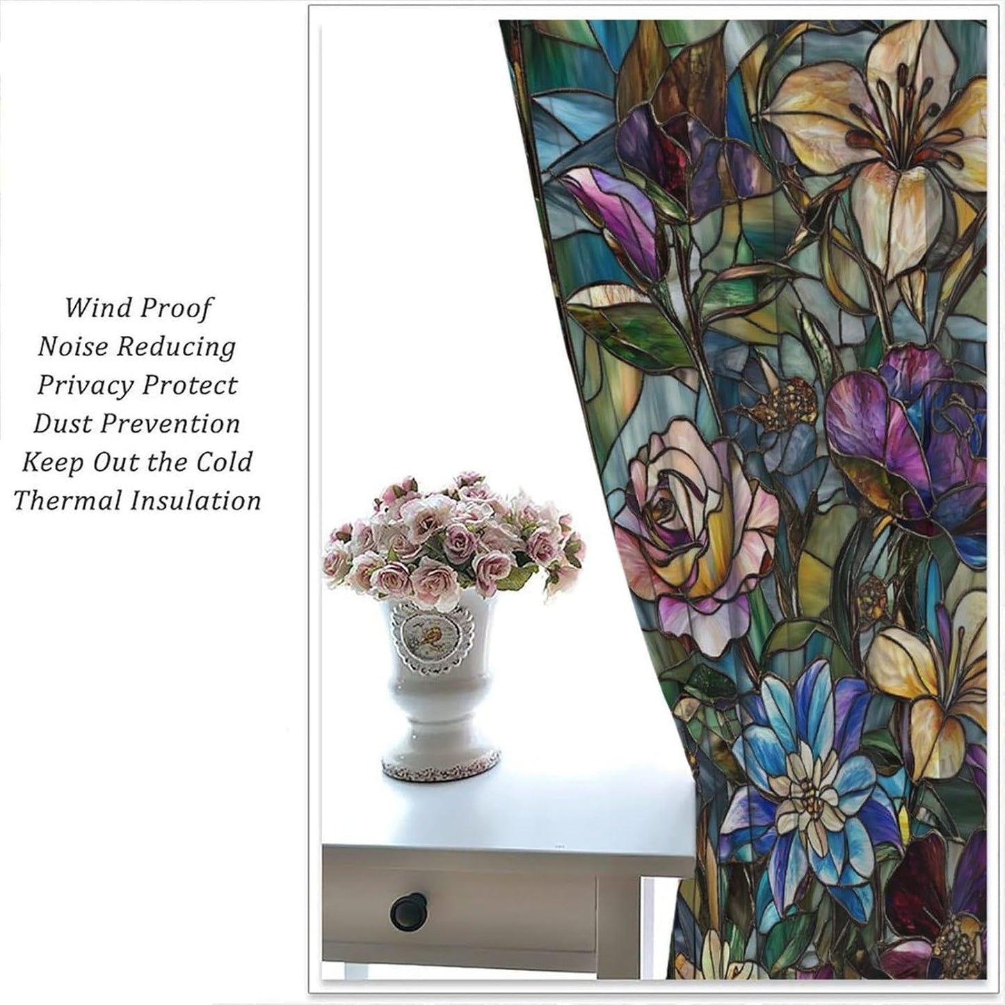 Stained Glass Curtains,Retro Colored Glass Flowers Art Home Decor Drapes for Bedroom Living Room Kitchen Window Treatment 2 Panels Set Total Size 84" W X 84" L Inch