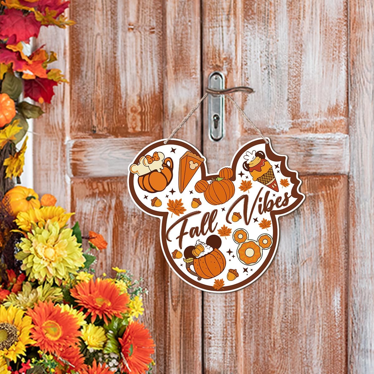 Fall Vibes Door Hanger, Fall Mouse Welcome Door Sign, Wooden Maple Leaves Mushroom Hanging Decor for Front Door, Fall Wood Wreath Wall Decors for Autumn Harvest Thanksgiving Home Decor