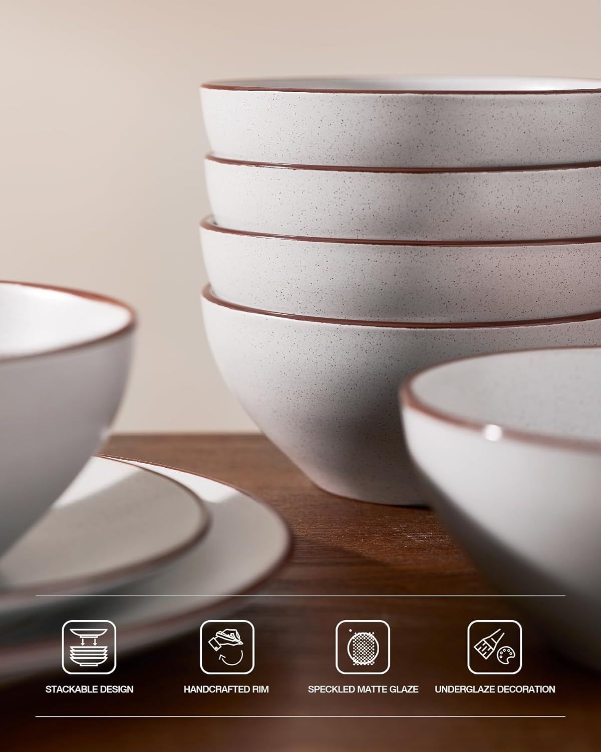 Famiware Venus Plates and Bowls Sets, 12 Pieces Stoneware Speckled Dinnerware Sets, Dishes Set for 4, Microwave and Dishwasher Safe, Matte Light Grey