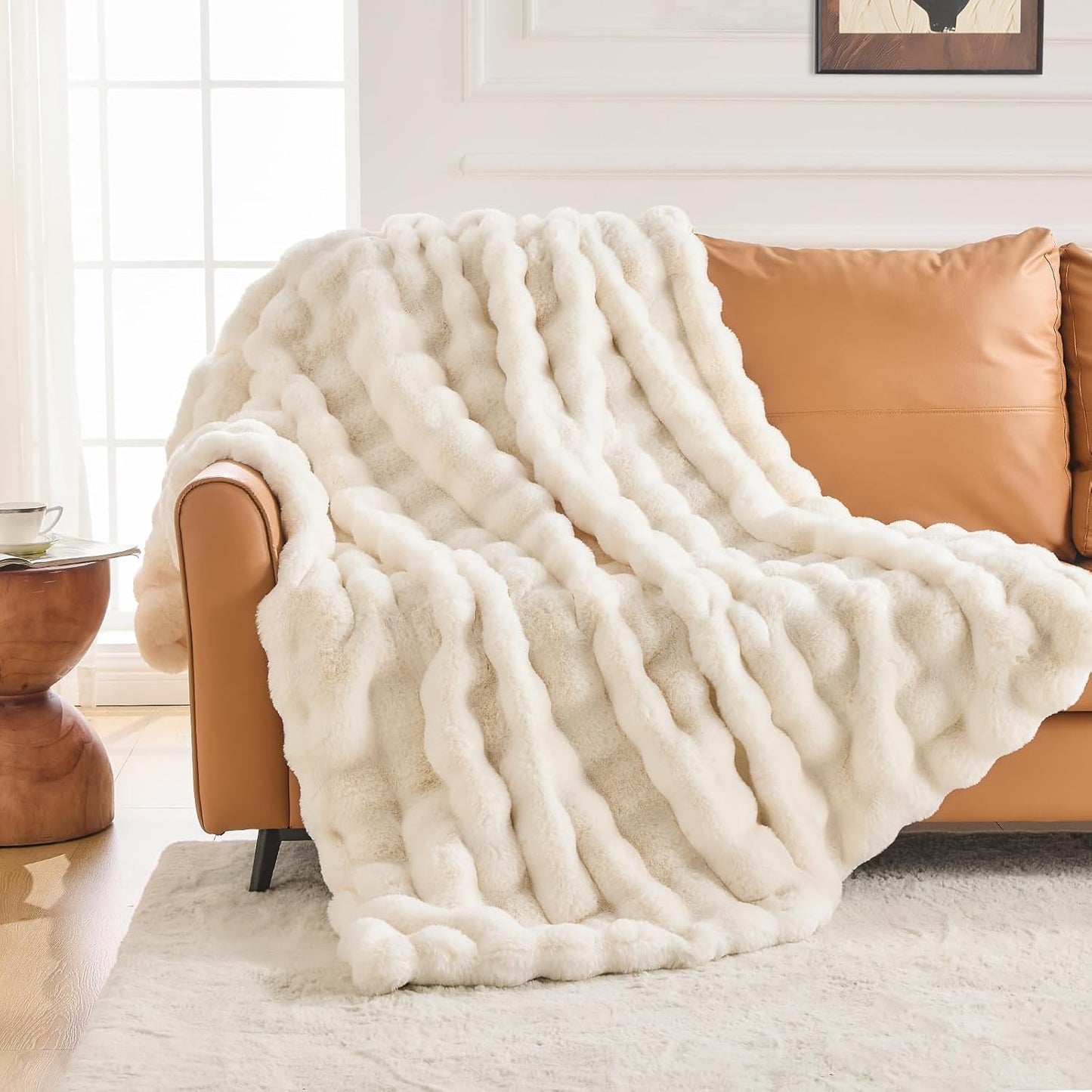Cozy Faux Fur Throw Blanket for Bed-Warm Fuzzy Throw Blanket, Soft Plush Thick Bubble Blankets for Bedroom and Living Room, Furry Luxury Blanket, 60 x 80, Cream