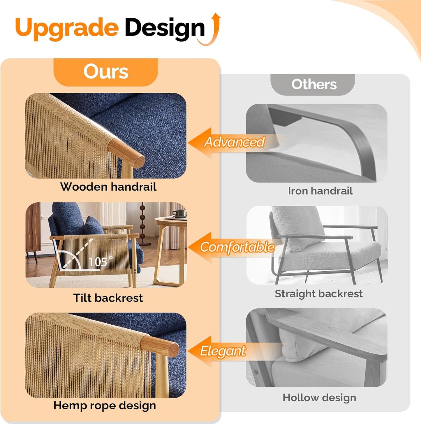 VINGLI Boho Braid Accent Armchair,Mid-Century Modern Chiar with Solid Wooden Armrest,Comfy Louge Cushion Chair with Waist Pillow for Bedroom,Living Room,Reading Room, Blue