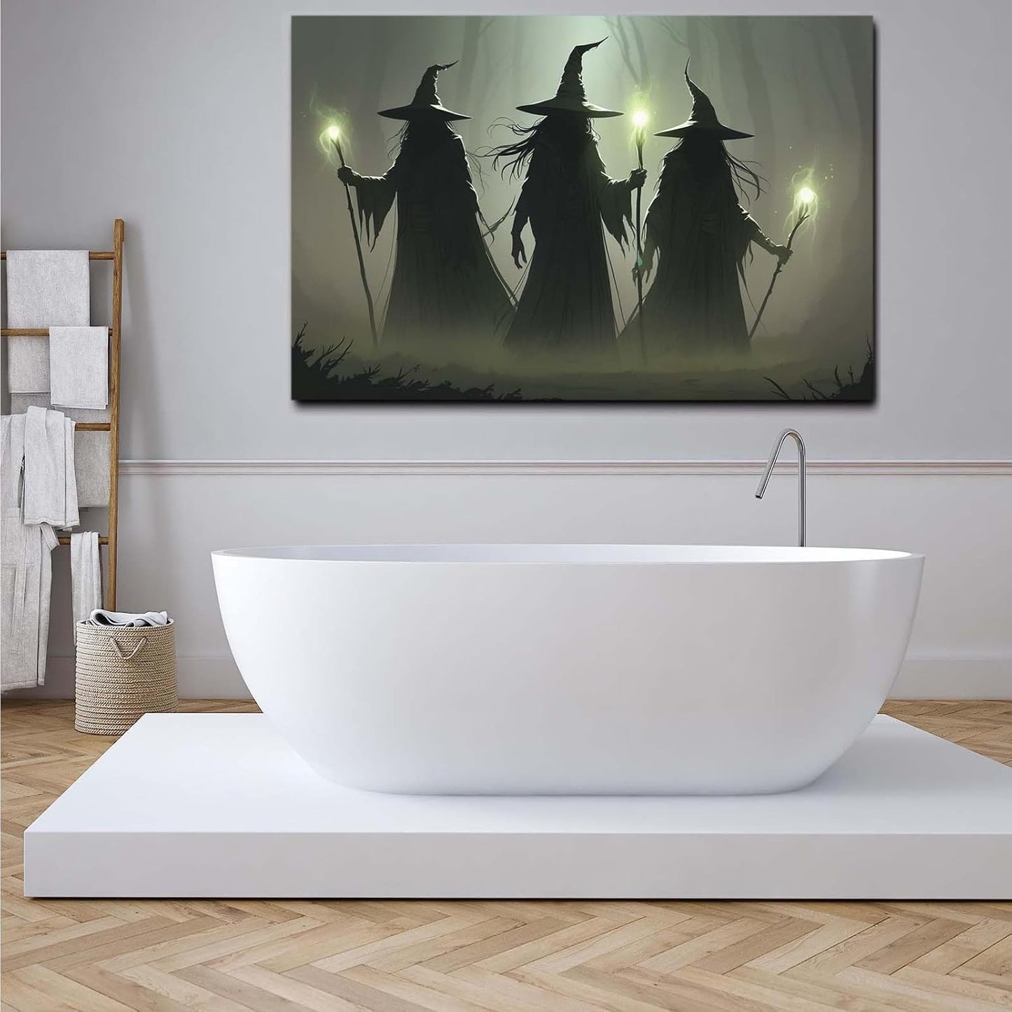 Vintage 3 witches canvas wall decor melancholy dark Halloween poster wall decor holding a staff print Gothic horror Halloween painting print for living room bedroom20x30in Wood Framed