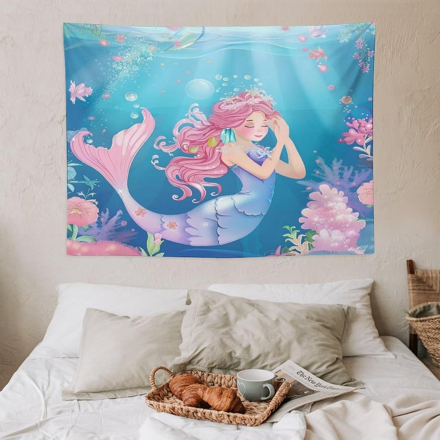 HZOHNAGO Mermaid Girls Tapestry Watercolor Flowers Mermaid Princess Blessing Pattern for Kids Room Decoration Printed Wall Tapestry Wall Hanging for Bedroom Living Room Dorm 40" W x 30" H