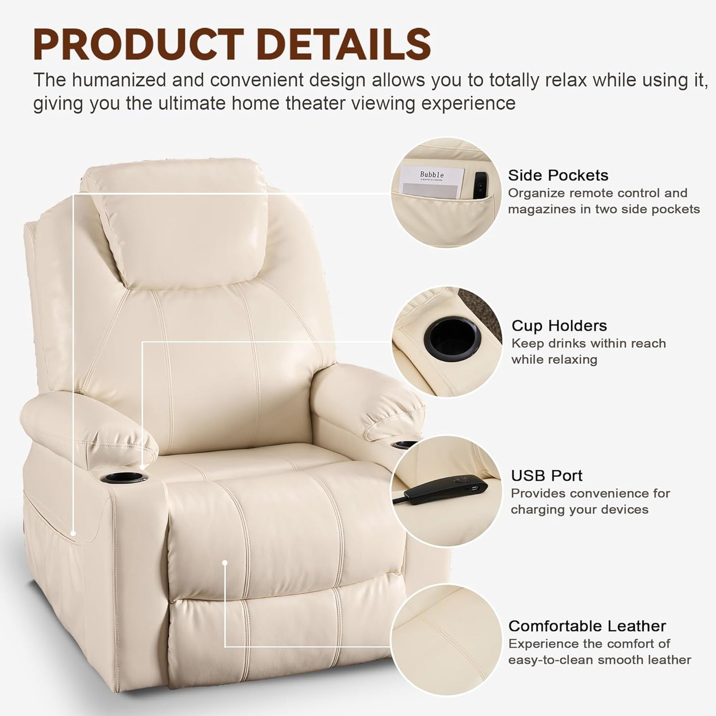 SALOHZA Power Lift Recliner Chair for Elderly with Massage and Heat for Living Room, Electric Recliner Chair for Adults with USB/Type C Port/Cup Holders, PU Faux Leather, Cream White