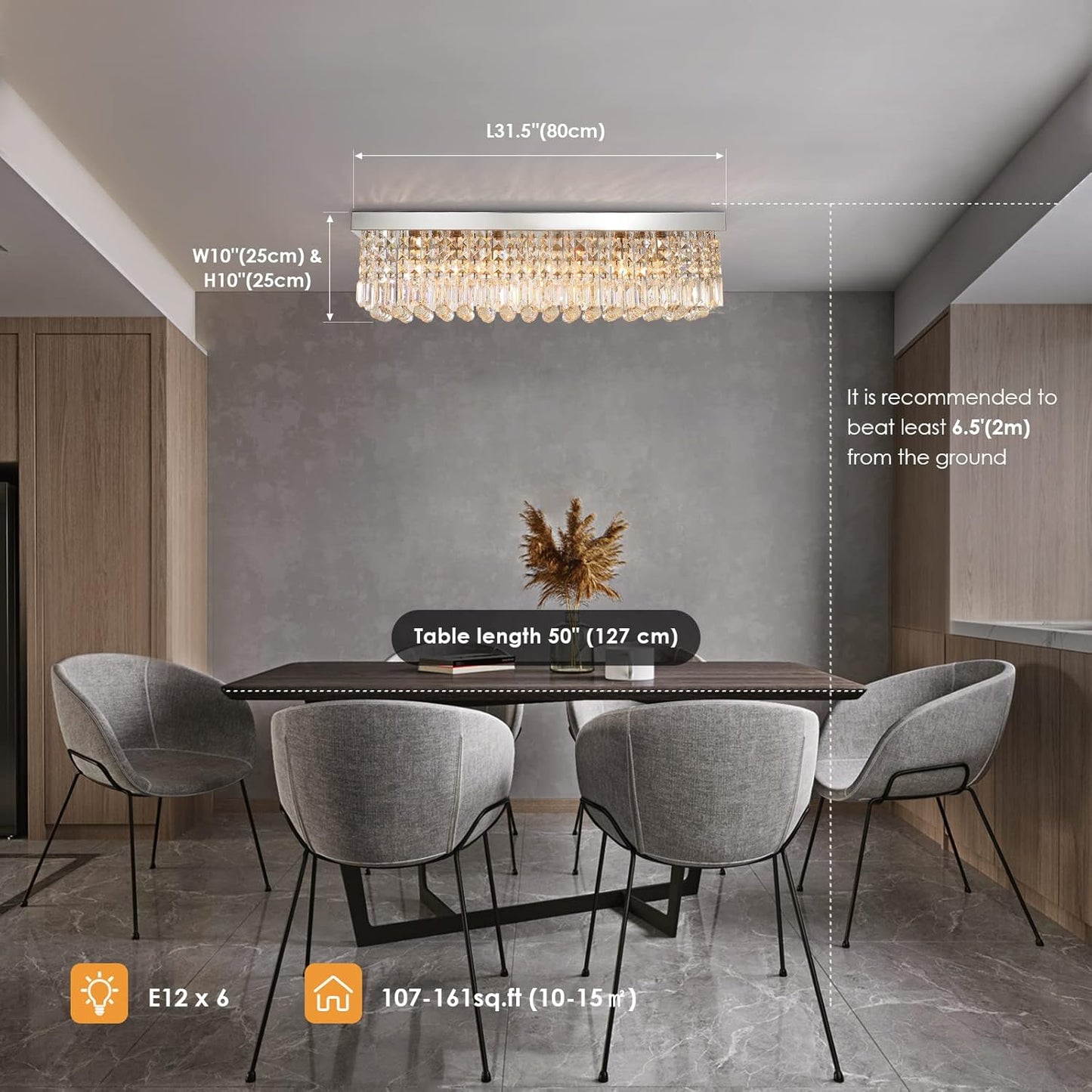 Siljoy Modern Crystal Chandelier 6-Lights Rectangular Flush Mount Pendant Ceiling Light Fixture Rectangle K9 Crystal Raindrop Chandelier for Dining Living Room Kitchen Island L31.5'' x W10'' x H10'