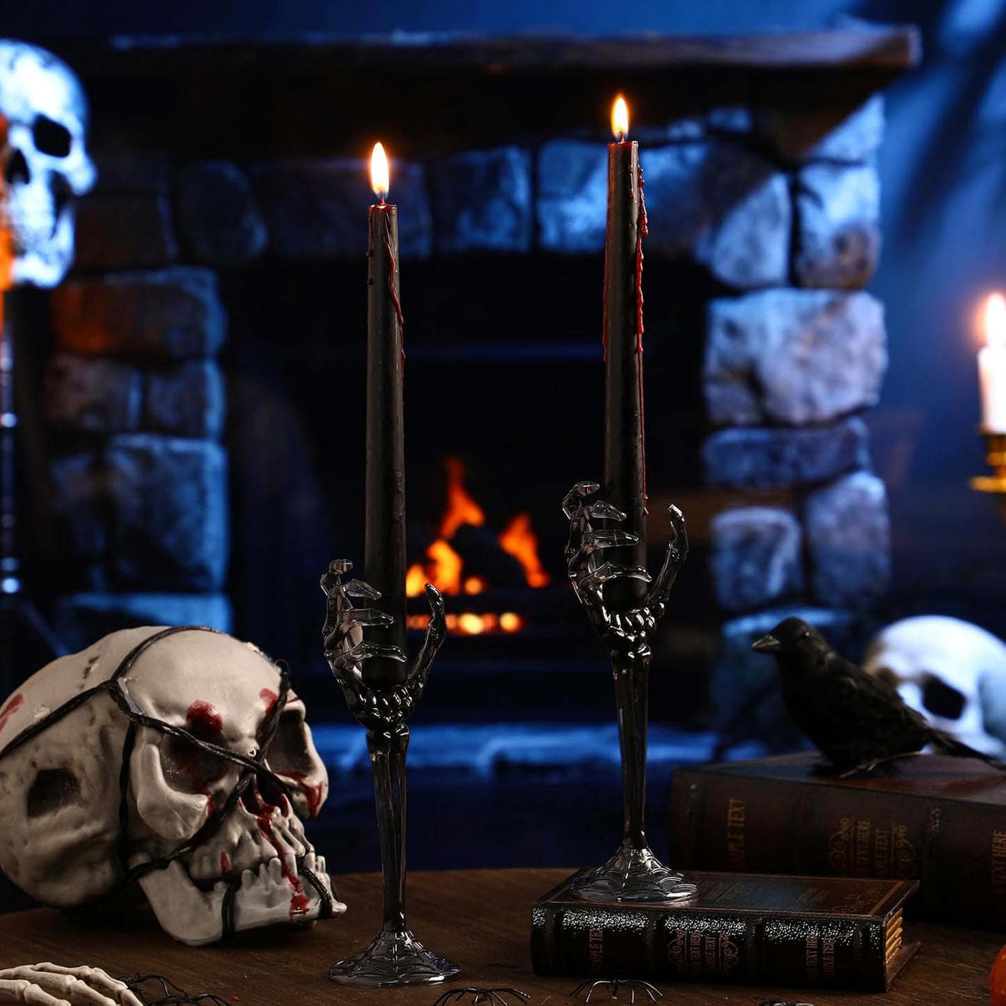 LemonRoad 2 Pcs Halloween Skull Candle Holders Halloween Table Centerpieces Fireplace Decorations Skeleton Gothic Decor Horror Skeleton Skull Candlestick Holders for Home Office Bar Party Supplies