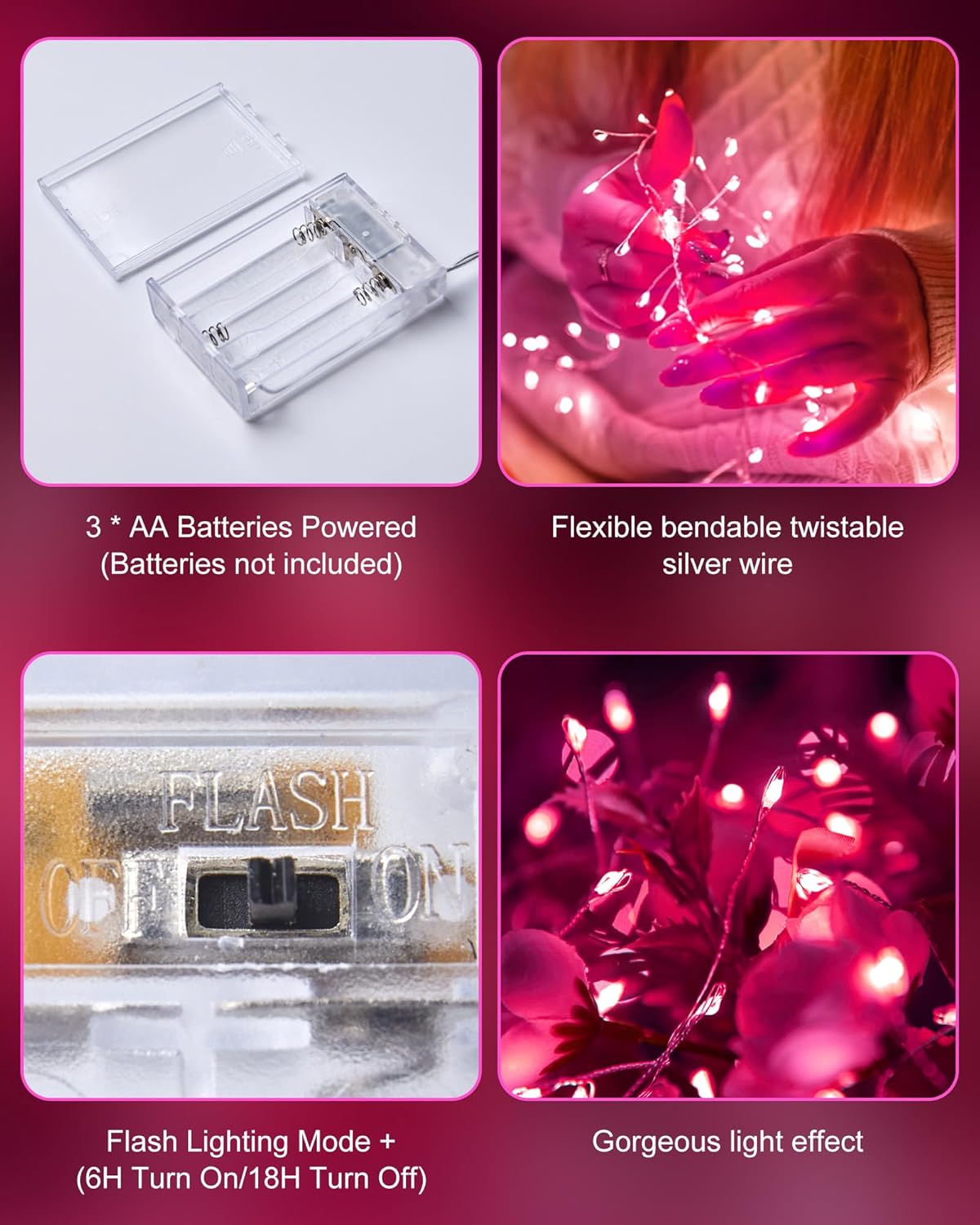 Fairy Lights Battery Operated, Twinkle String Lights Waterproof Silver Wire 5 Ft 60 LED Firecracker Valentine's Lights for DIY Wreath Wedding Bedroom Mason Jar Holiday Christmas Valentine's Day, Pink