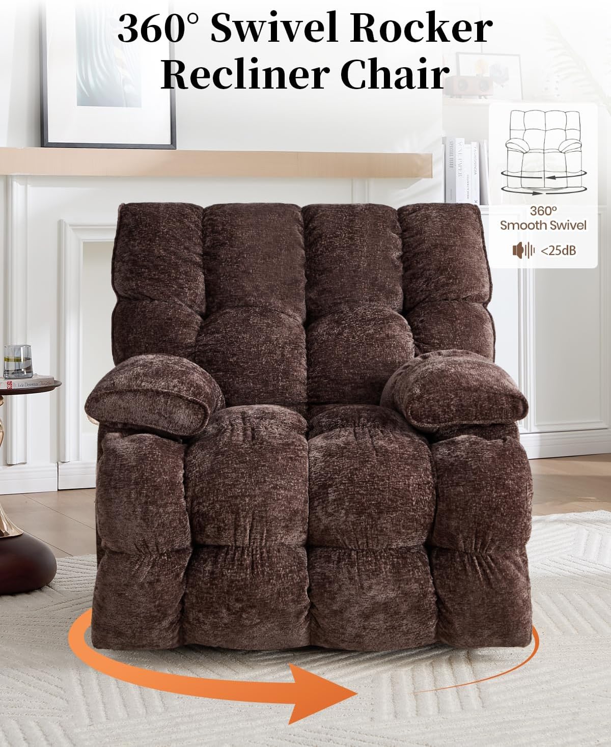 Oversized Recliner Chair Manual Swivel Rocker Recliner for Living Room Chenille Overstuffed Nursery Reclining Sofa Chair Rocking Recliners for Adults 400lbs (Manual, Brown)