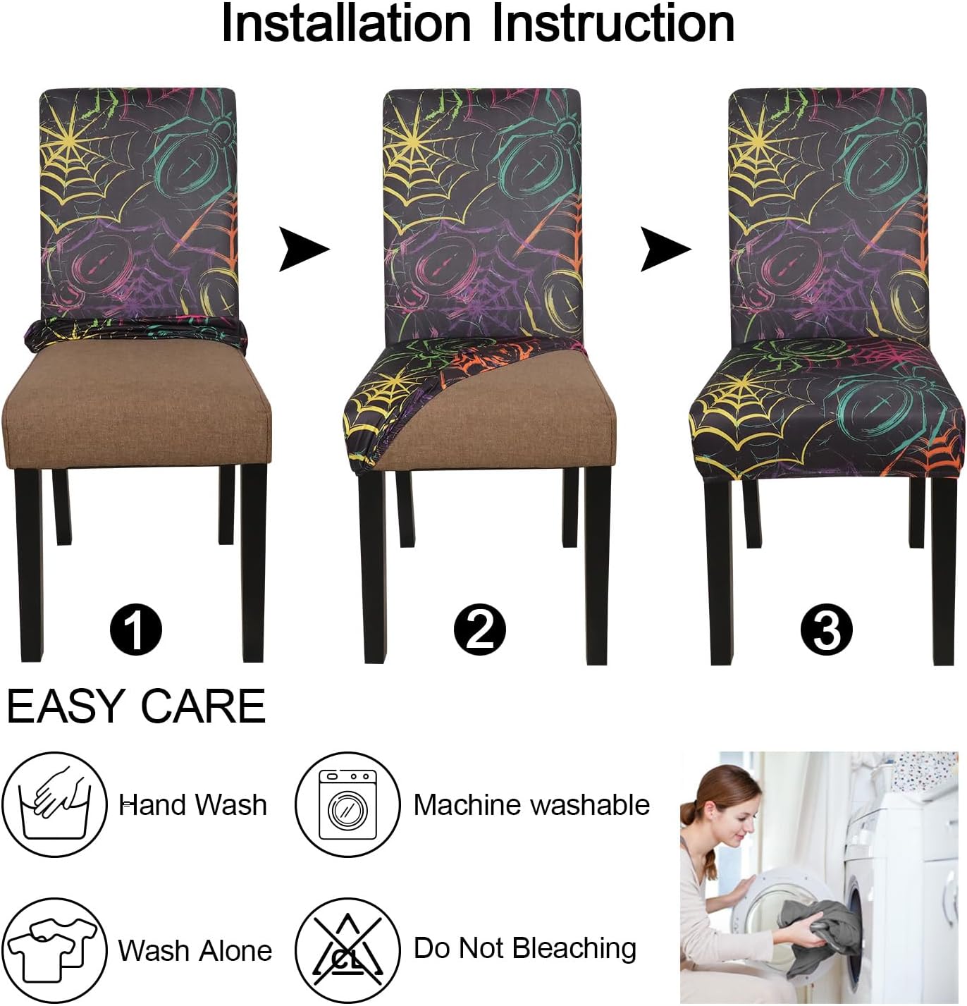 JQinHome Spider Halloween Chair Slipcover,Web Black Chair Covers Set of 4, High Stretch Washable Chair Protector Cover for Dining Room, Kitchen,Home Party,Wedding Ceremony(Spider,4PC)