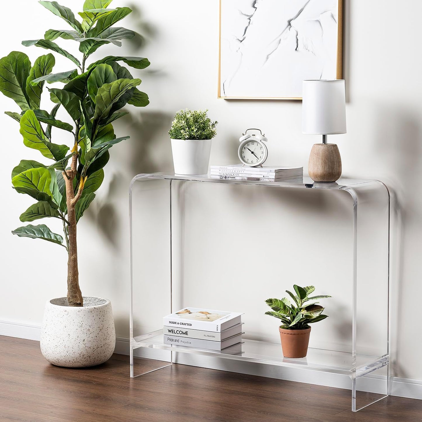 MyGift Premium 15mm Clear Acrylic Entryway Console Table with Bottom Display Shelf, 2 Tier Living Room Sofa Back Storage Shelves Modern Luxury Home Decor