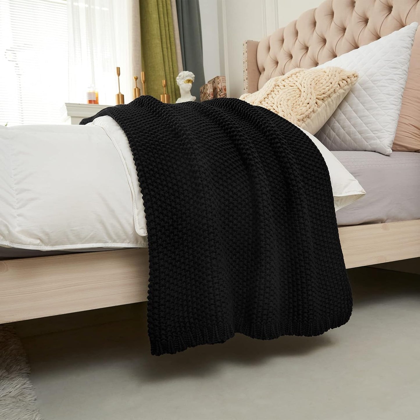 Longhui bedding Chunky Cable Knit Throw Blanket Lightweight Black 100% Organic Cotton Blanket for Sofa Couch Bed Baby Nursery, Rustic Shabby Chic Modern Farmhouse, 60” x 80” Give Laundering Bag