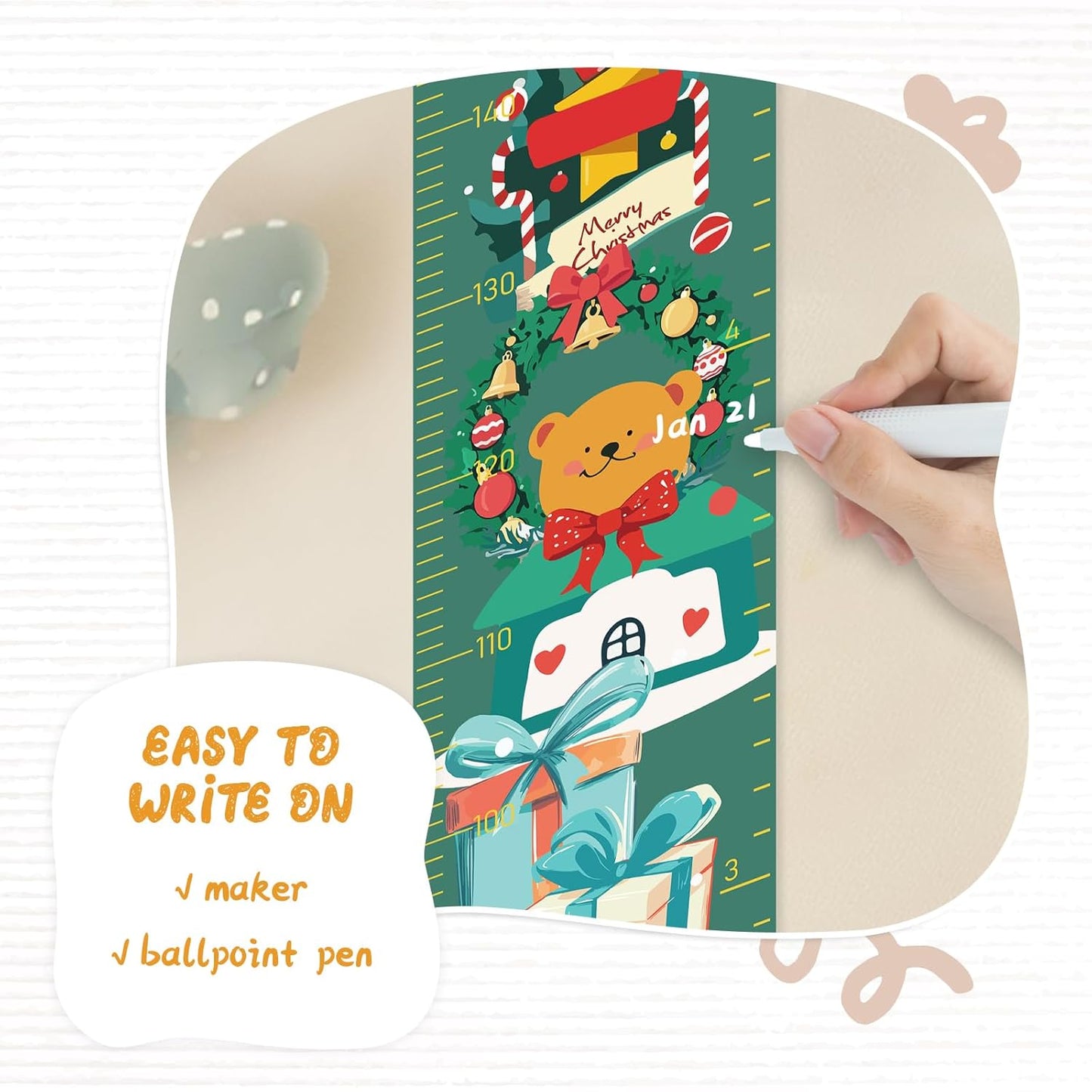 Personalized Name Growth Chart Wall Decor for Kids – Canvas Removable Height Chart Measuring Ruler 59" x 7.9" (Christmas Deer)