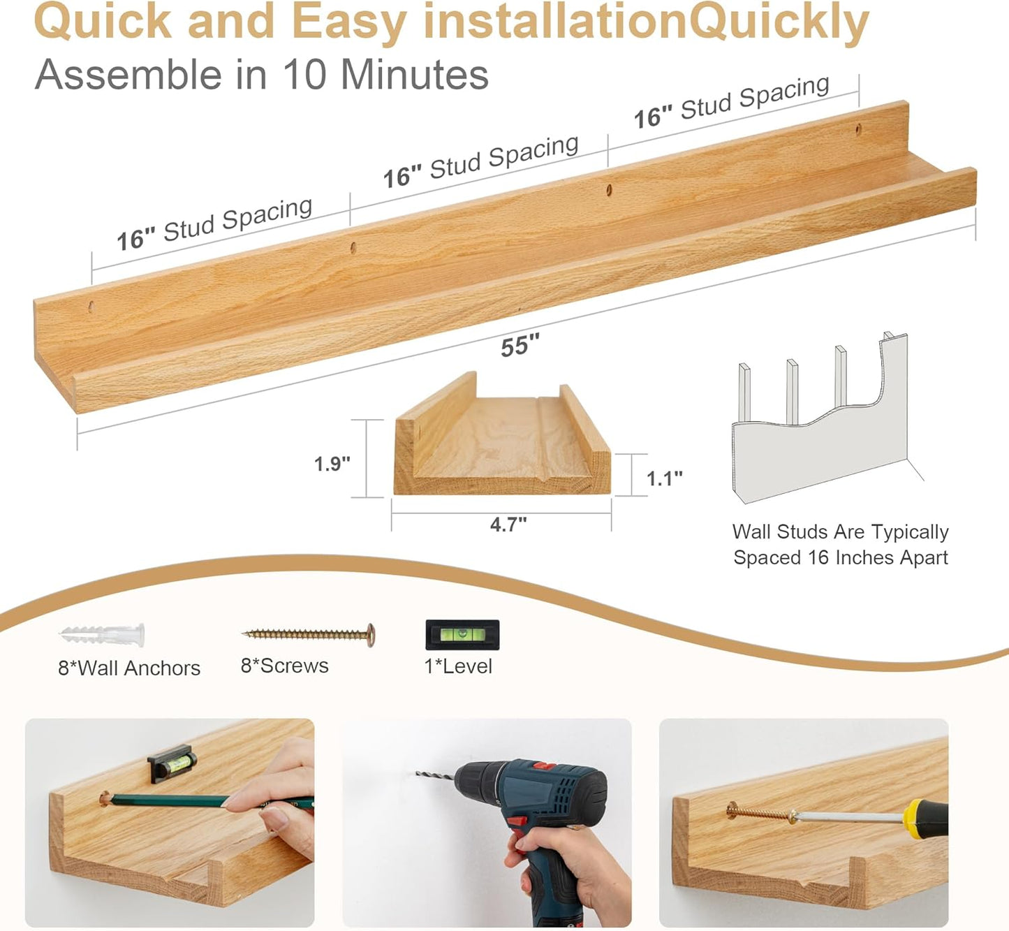 Floating Picture Ledge Shelves 55 Inch Solid Oak Wood Set of 2, Rustic Wall Storage Shelves with Lip, Kids Bookshelf, Photo & Picture Ledge Shelves for Bedroom, Living Room, Kitchen