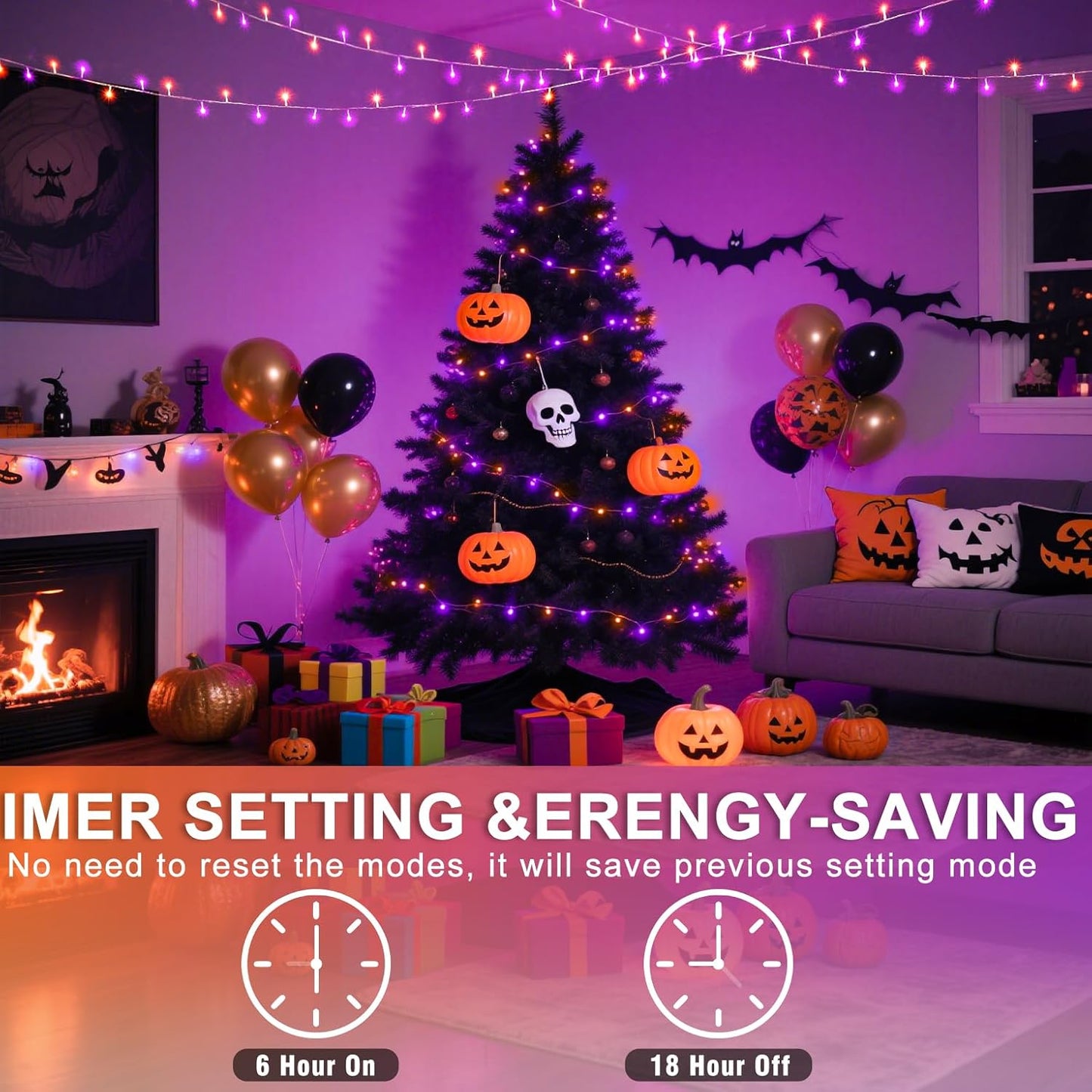 120 LED Orange and Purple Halloween Lights 40 FT Halloween Lights Indoor Outdoor Clear Wire with 8 Modes, Plug in Waterproof Christmas Light for Tree Party Bedroom Thanksgiving Decorations