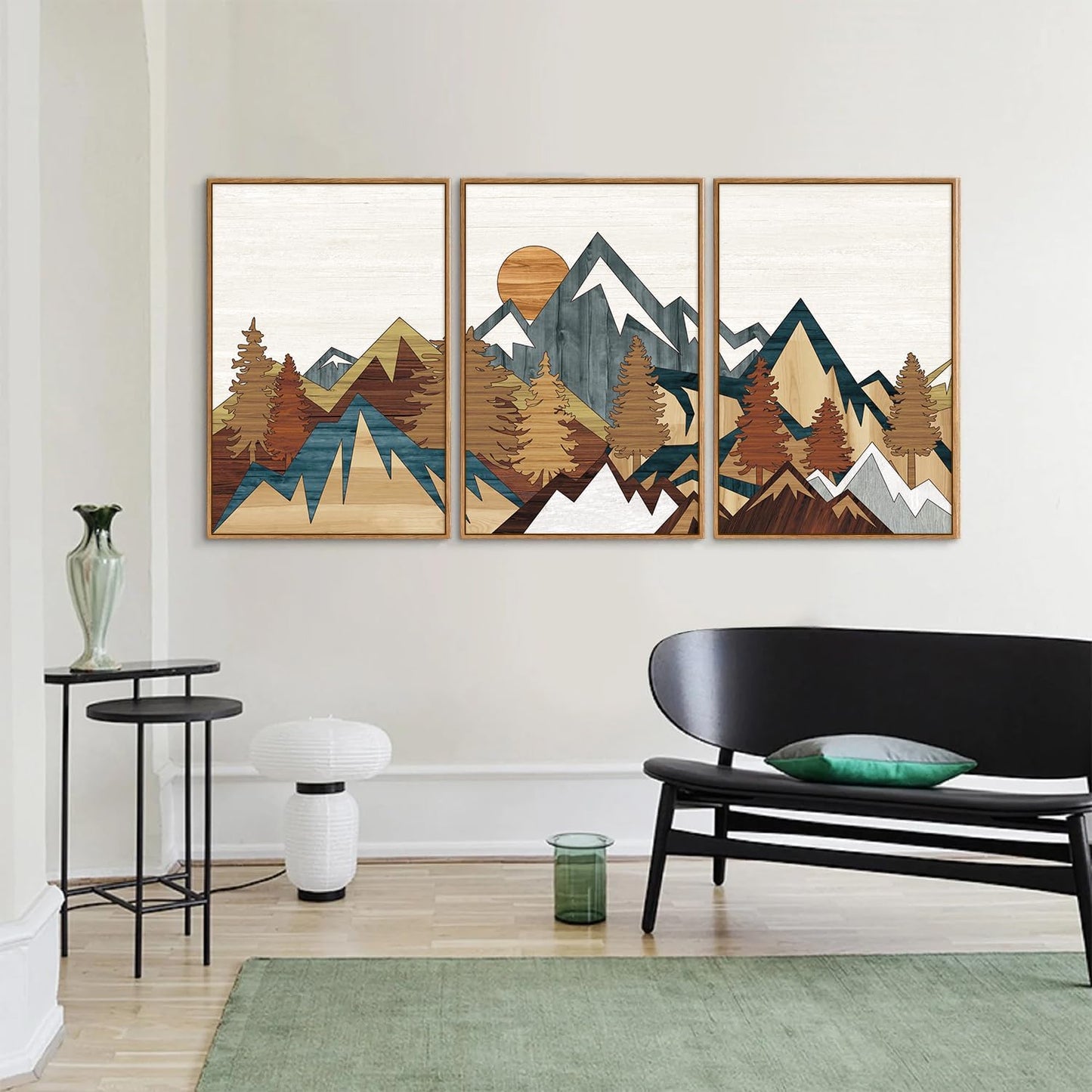 SIGNINART Vintage Mountain Framed Canvas Wall Art Set, Boho Sunrise Art Prints, Forest Nature Wilderness Art Paintings, Modern Farmhouse Woodcut Style Wall Decor for Living Room Bedroom, Office 16"x24"x3