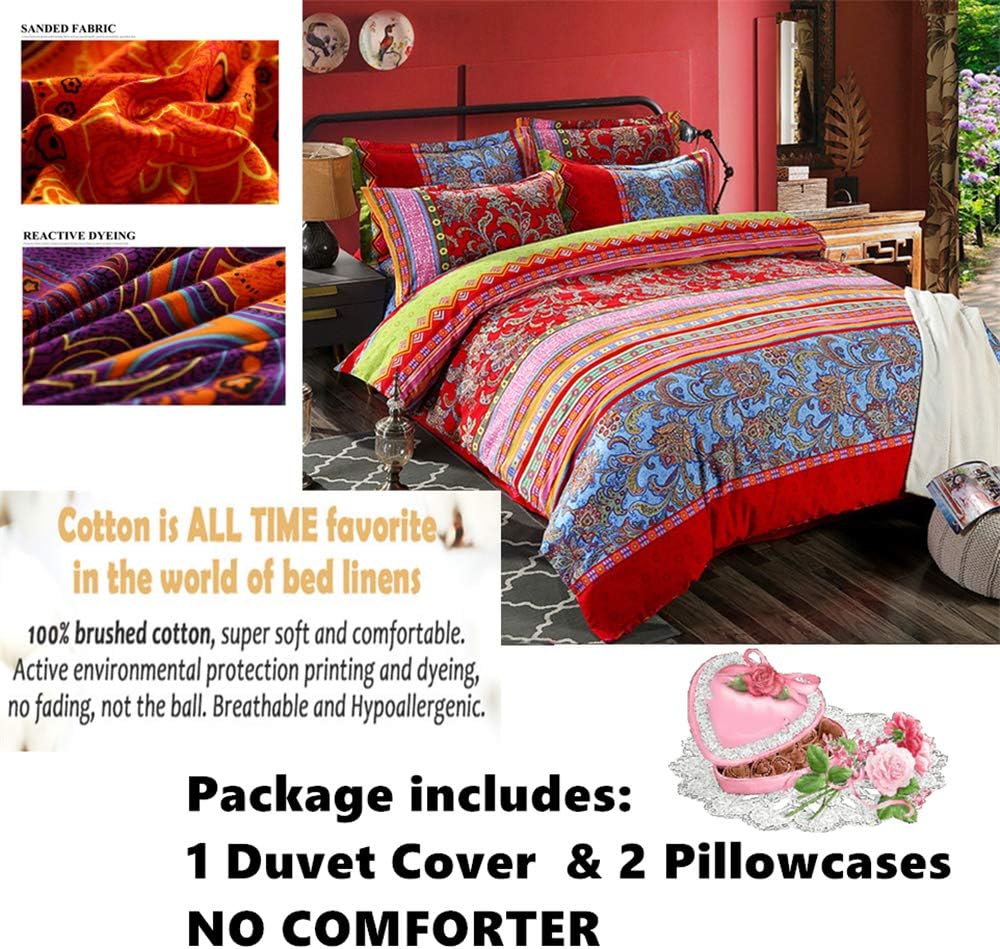 ABREEZE 3Pcs Bohemia Retro Bedding Ethnic Vintage Floral Duvet Cover Boho Bedding 100% Brushed Cotton Bedding Sets Damask Paisley Coloful Mandala Down Comforter Cover,Queen