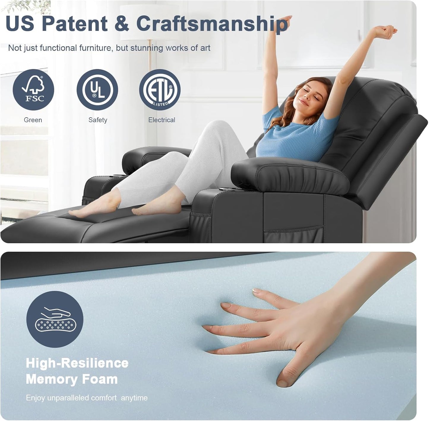 Recliner Chairs with Recliner Side Table End Table for Adults, Massage Rocker, USB Ports, 360 Degree Swivel Single Sofa Seat Living Room