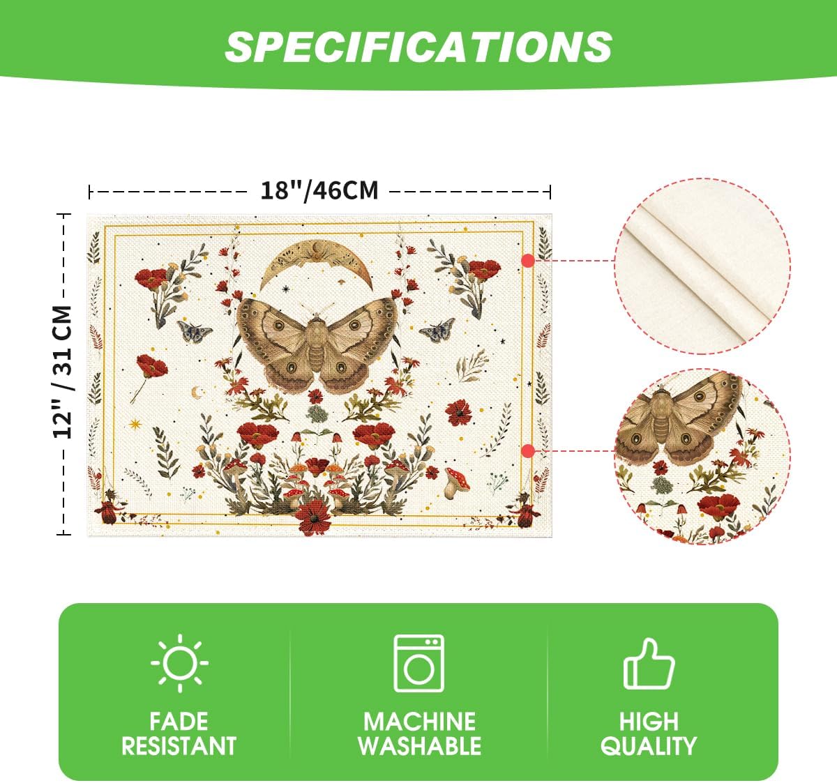 Artoid Mode Beige Poppy Moth Moon Placemats Set of 4, 12x18 Inch Floral Spring Table Mats for Outdoor Home Party Kitchen Dining Decor