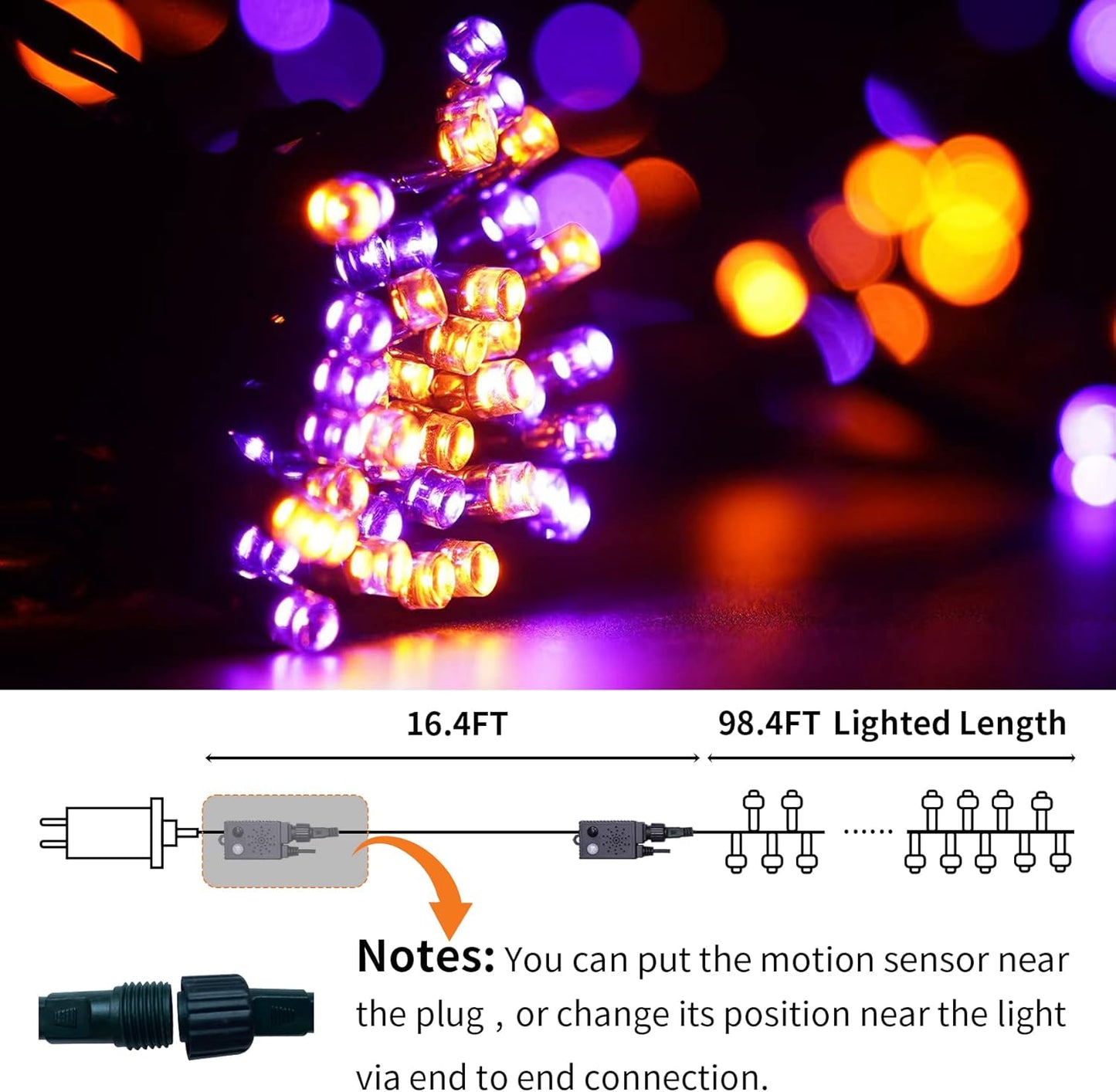 Rotu Halloween String Lights Outdoor with Music Sync Spooky Sounds 300 LED 114.8ft Indoor Fairy String Lights Waterproof Function for Halloween Party Haunted House Decorations (Purple & Orange)