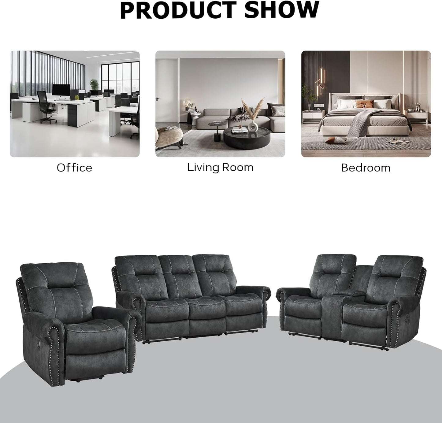 EBELLO Electric Power Recliner Chair with Massage and Heat, Soft Fabric Massage Recliner for Adults, Overstuffed Single Reclining Sofa, Vintage Rivet Mid-Century Design for Living Room, Grey