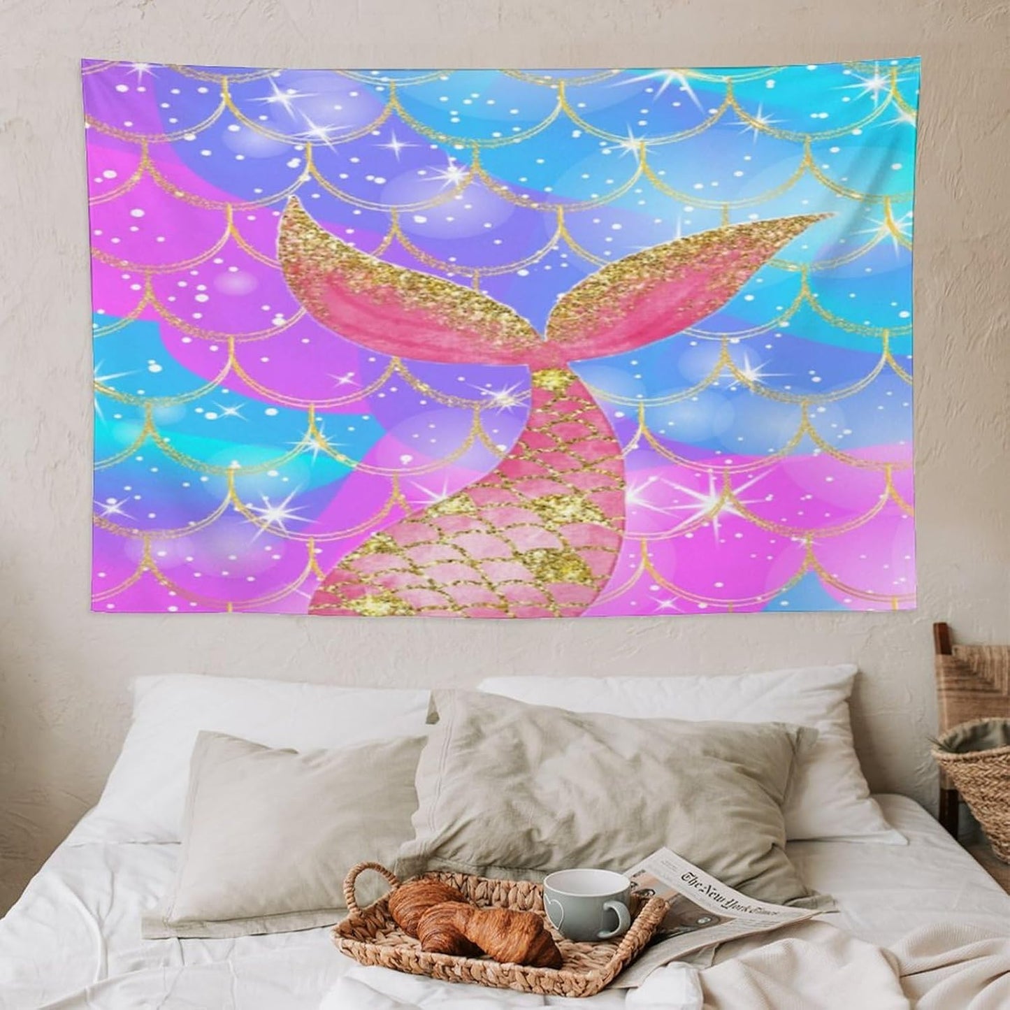 HZOHNAGO Mermaid Scales Tapestry Colorful Shiny Scales Mermaid Tail Pattern Printed Wall Tapestry Wall Hanging for Bedroom Living Room Dorm 60" W x 40" H