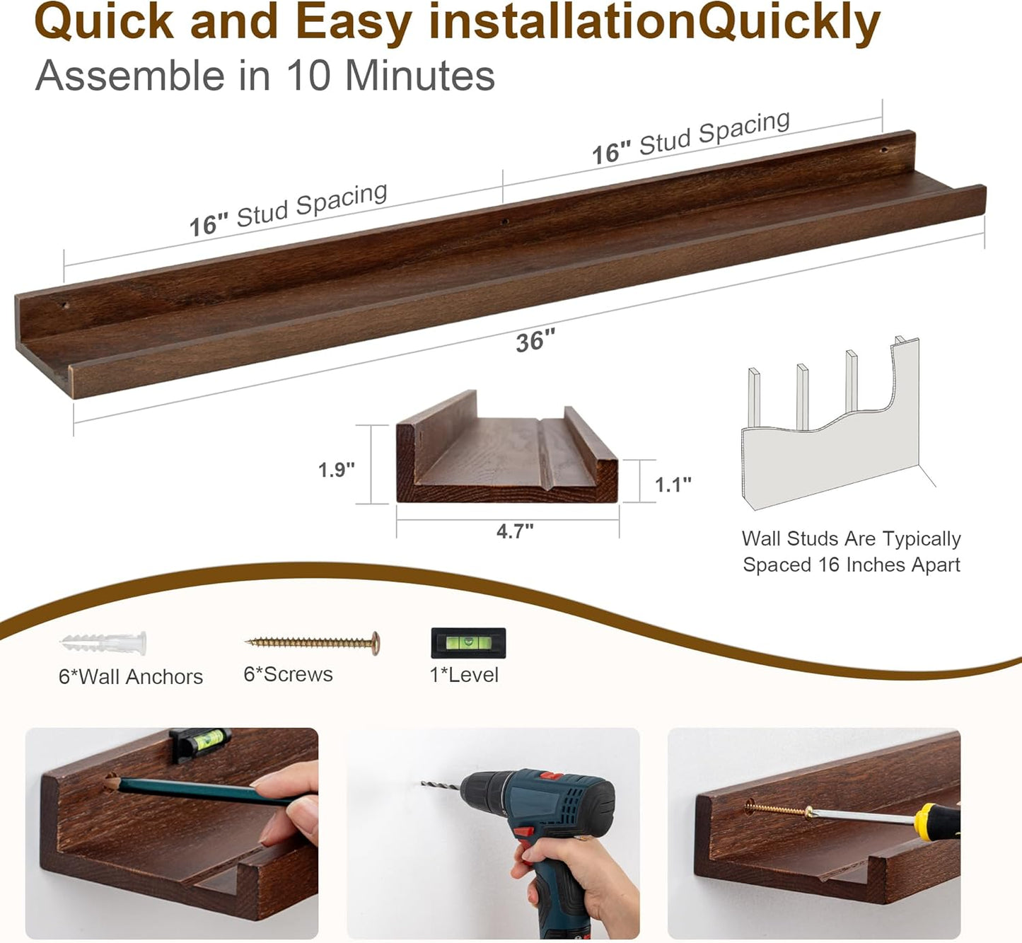 Floating Picture Ledge Shelves 36 Inch Solid Oak Wood Set of 2, Rustic Wall Storage Shelves with Lip, Kids Bookshelf, Photo & Picture Ledge Shelves for Bedroom, Living Room, Kitchen