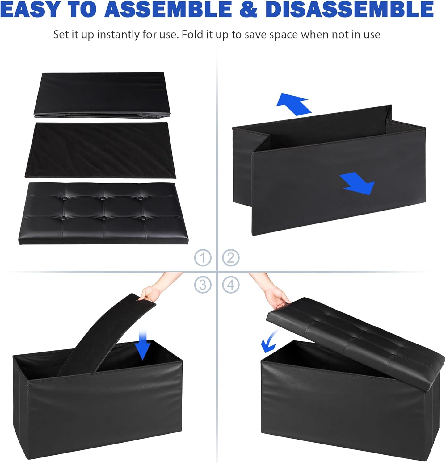 SUPER DEAL 30 inches Folding Ottoman with Storage, Bedroom Footrest Bench, Rectangle Sotrage Chest for Living Room Entryway, 30"x15"x15", 85L, Faux Leather, Black