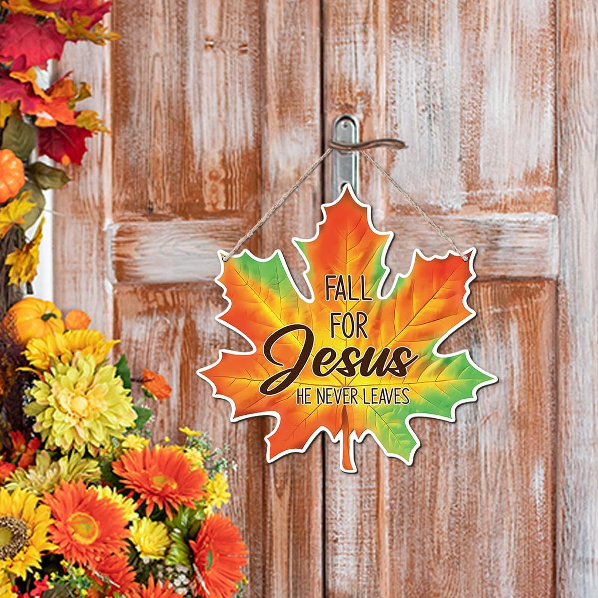 Maple Leaf Fall Decor, Fall for Jesus He Never Leaves Decor Sign Farmhouse Autumn Wreaths for Front Door Christian Jesus Hanger Sign Home Wall Autumn Halloween Thanksgiving Decoration
