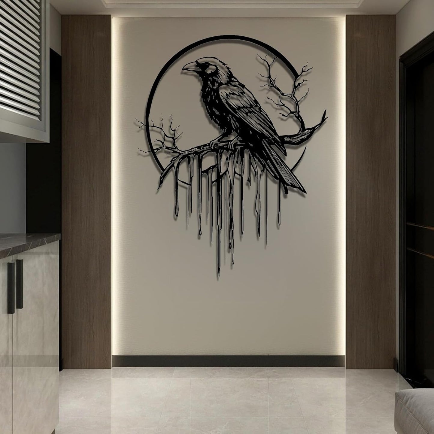 Crow Metal Wall Decor, Raven Wall Art, Large Gothic Raven Decor Hangings, Bird Wall Decor, Metal Tree Branch Decor, Ravens Sign, Raven Art for Living Room (Black, 30"x24" |76x61cm, metal wall art)