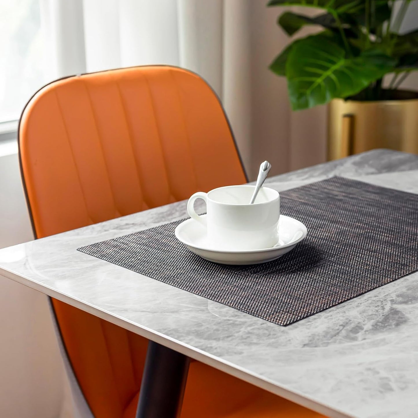 LEXMORE PlaceMats Set of 12 Vinyl/Plastic Woven Place Mats for Kitchen Table Indoor/Outdoor Washable PlaceMat Wipeable Dining Table Mats(Black/Brown)