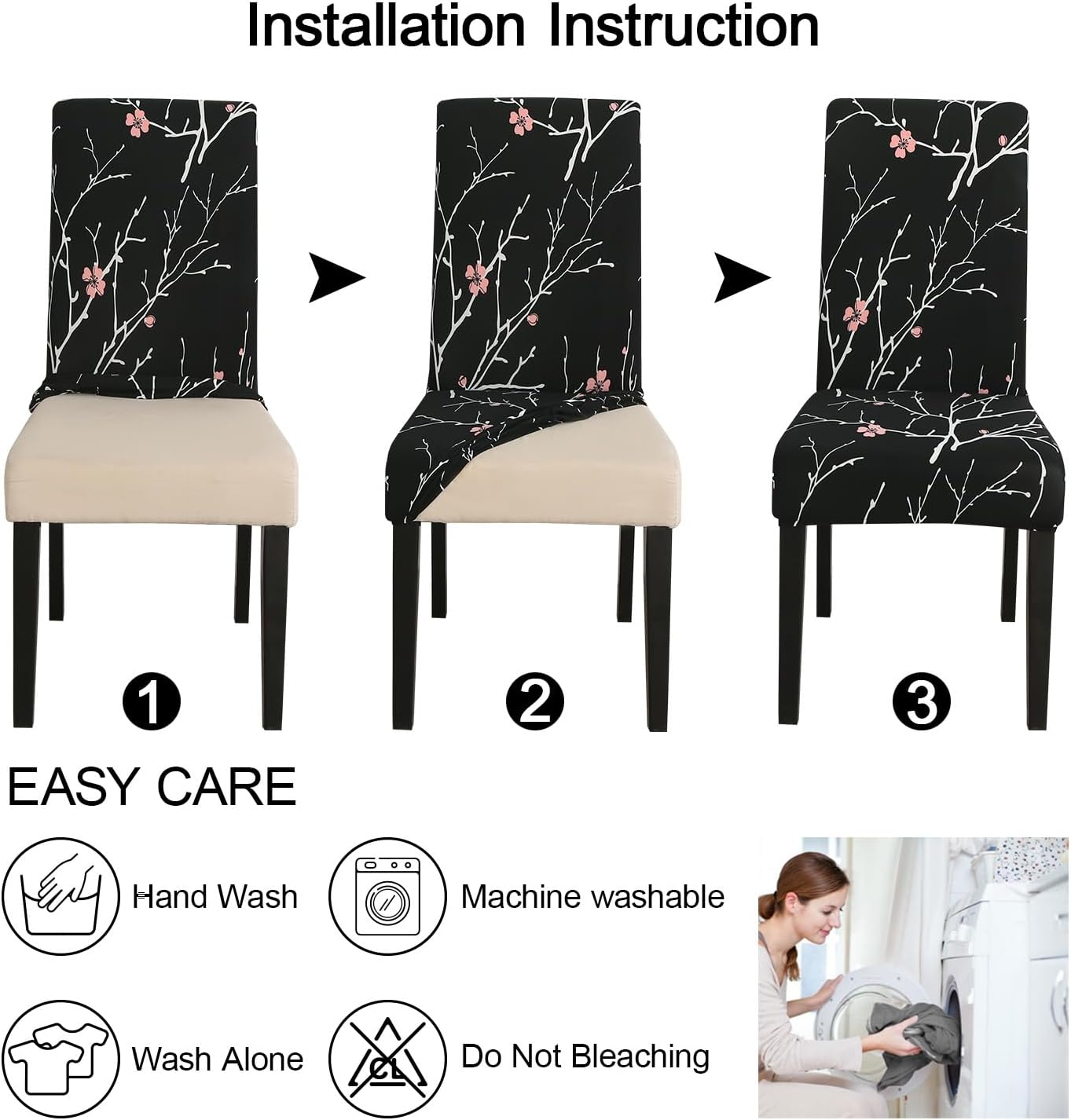 JQinHome Pattern Chair Covers for Dining Room Set of 6, High Stretch Removable Washable Parsons Chair Slipcover for Home Party Hotel Wedding Ceremony (Flourish Black,6PCS)