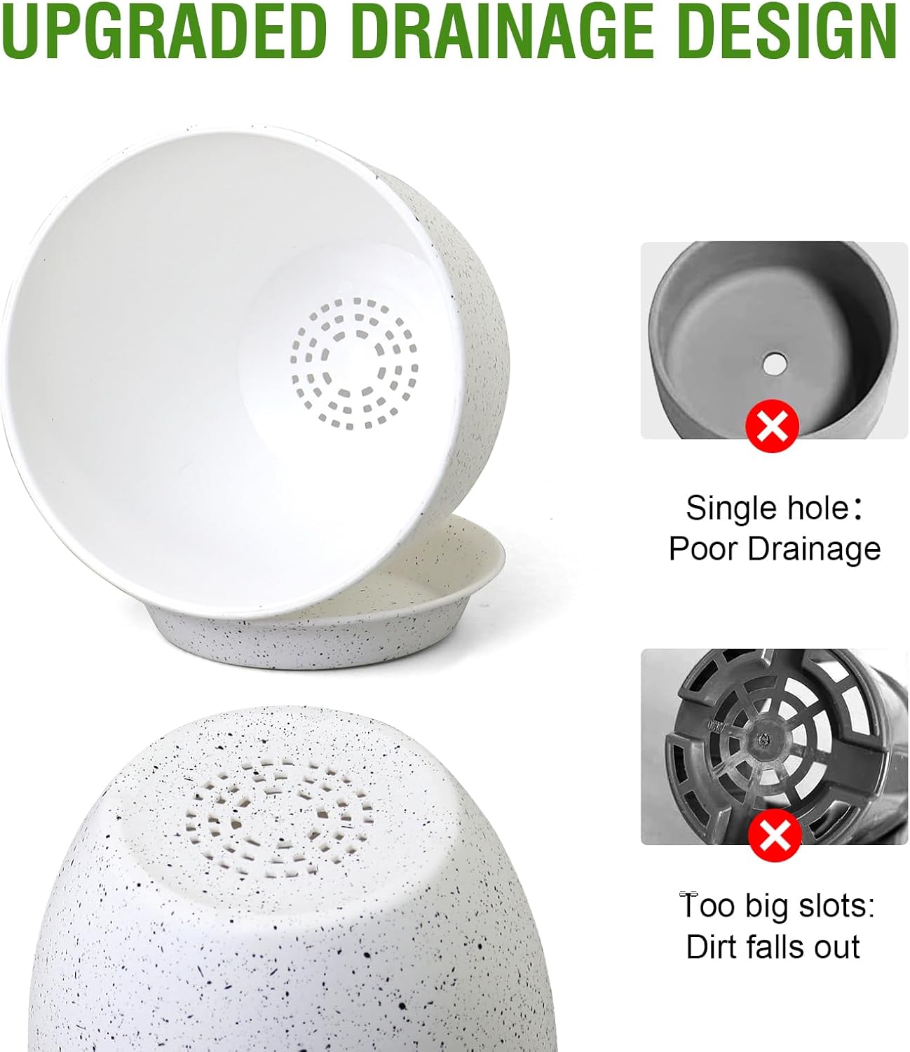 Large Flower Pots 12/10/9 inch, Set of 3 Modern Decorative Plastic Planters with Drainage Holes and Saucers for Garden House Plants, Plant Pots for Indoor Outdoor Plants, Speckled White