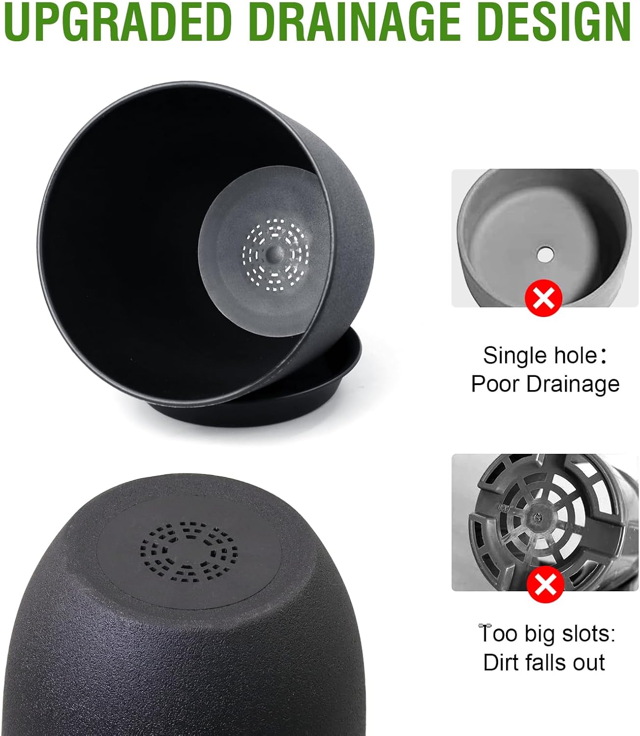 9/8/7.5 inch Plant Pots, Set of 3 Modern Decorative Plastic Planters with Drainage Holes and Tray, Flower Pots for Indoor Outdoor Plants, Black