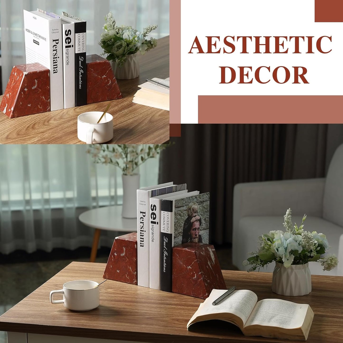 Marble Book Ends Decorative, Unique Bookends for Shelves,Bookends to Hold Heavy Books Durable Book Holder Stopper for Home Office Desk Bookshelf Decoration, Set of 2, Rosso Francia