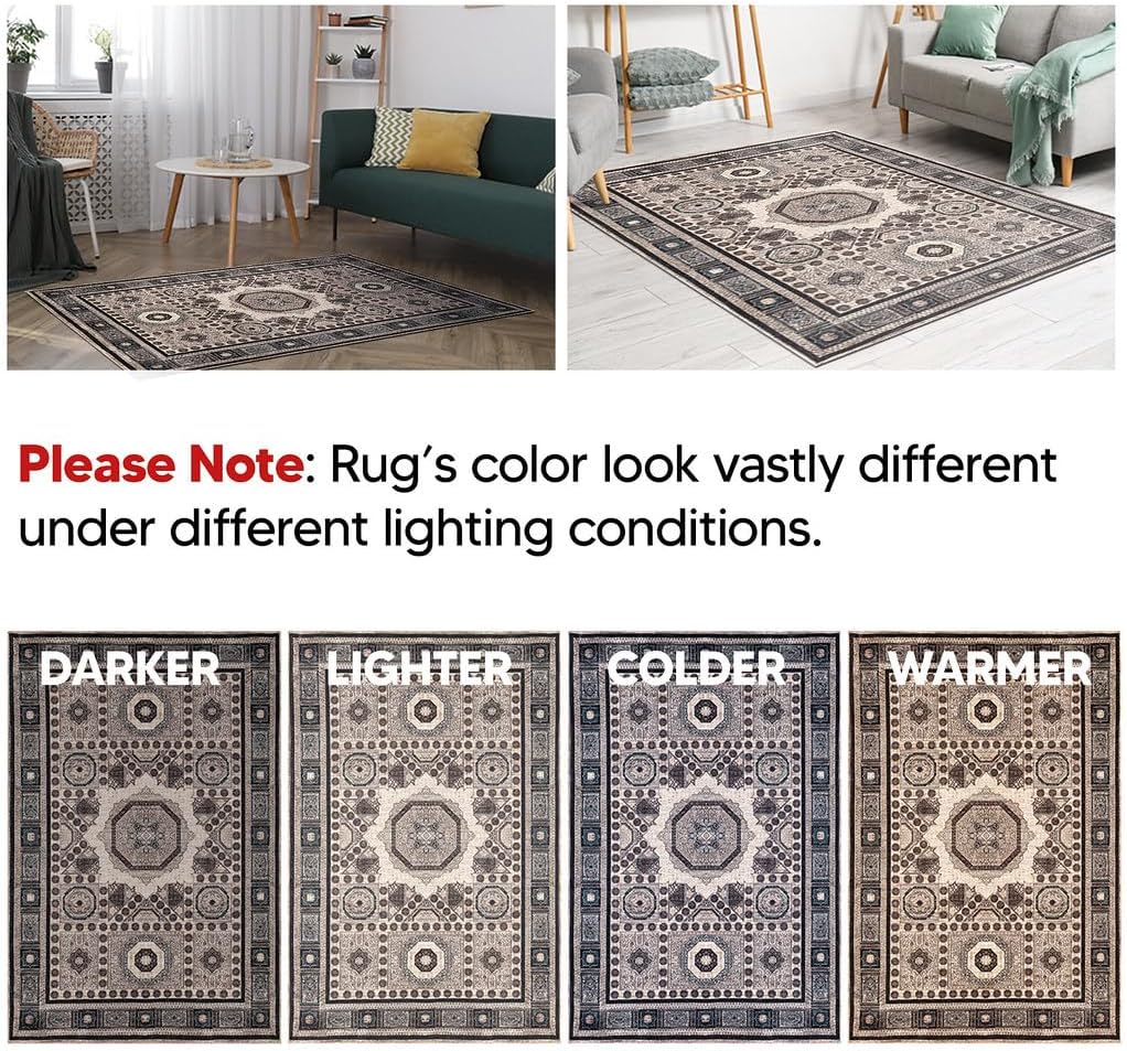 Keen Home Design 8x10 Rug - Machine Washable Area Rug with Non-Slip Backing, Ideal for Living Room, Dining Room, Bedroom - Vintage, Easy Clean, Durable, Low Pile Rug - (8' x 10')