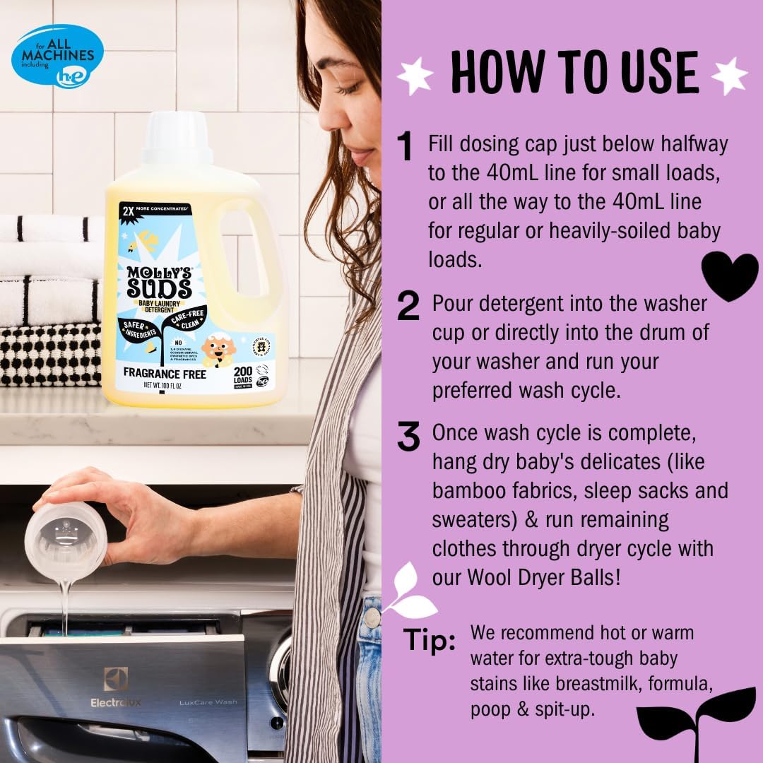 Molly's Suds Baby Liquid Laundry Detergent | Removes Formula, Poop & Spit-Up Stains | Extra Gentle for Infants, Babies, Toddlers (Sweet Baby Shea, 200 Loads)