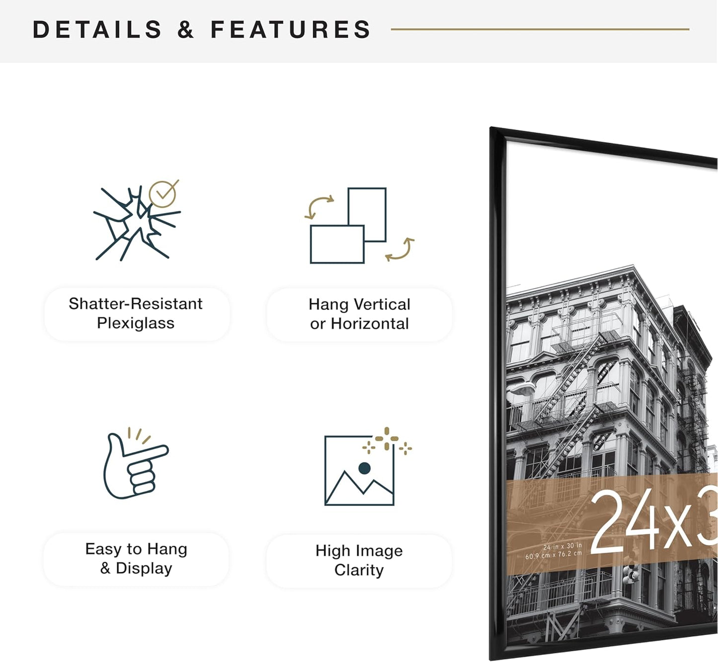 MCS Trendsetter 24x30 Poster Frame Black High-Gloss, Vertical & Horizontal Wall Hanging Large Picture Frame for Photos, Posters & Art Prints (1-Pack)