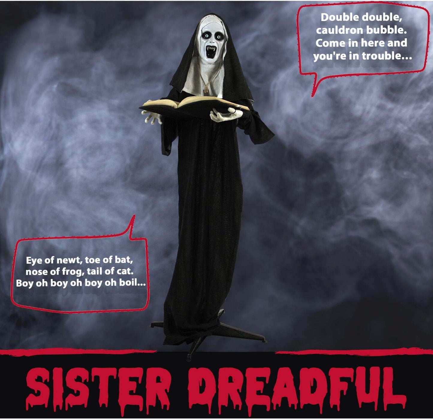 Haunted Hill Farm Life-Size Scary Talking Witch Nun Halloween Animatronic with Touch Activated Lights and Sound, Poseable, Battery Operated Indoor or Covered Outdoor Creepy Halloween Decorations
