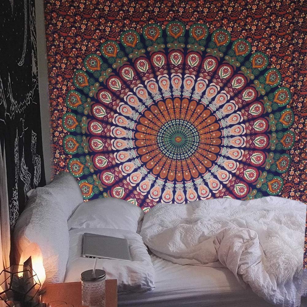 Raajsee Mandala Tapestry Wall Hanging – Blue Orange, 100% Cotton, Boho Hippie Decor, Twin Size (52x82 Inches / 132x208 cm) – Beach Throw, Bedspread, Meditation Yoga Mat
