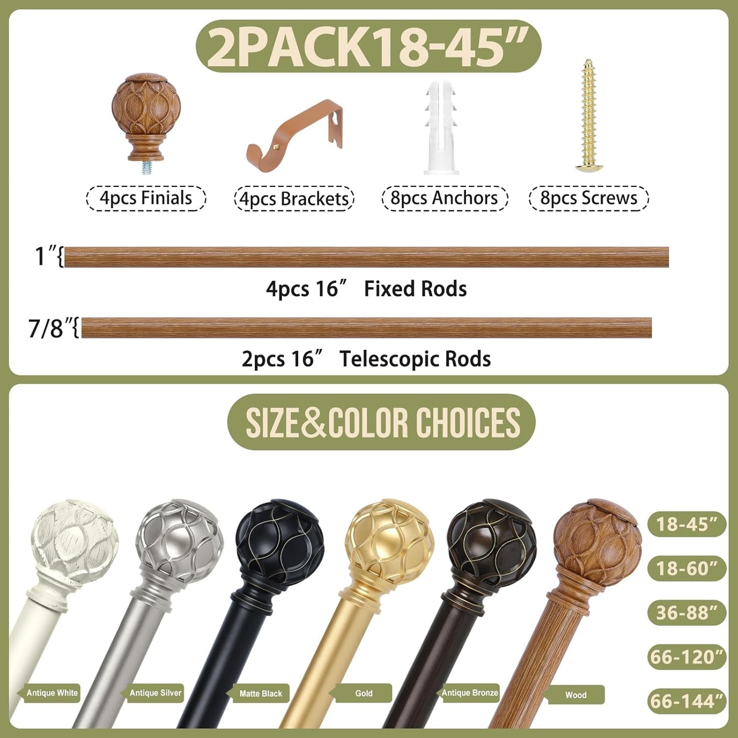 2 Pack Wood Curtain Rods for Windows 28 to 48 Inch(2.3-4Ft),1 Inch Adjustable Curtain Rod,Heavy Duty Curtain Rods,Wooden Netted Texture Drapery Rods,Single Window Curtain Rod 18-45",Brown Wood