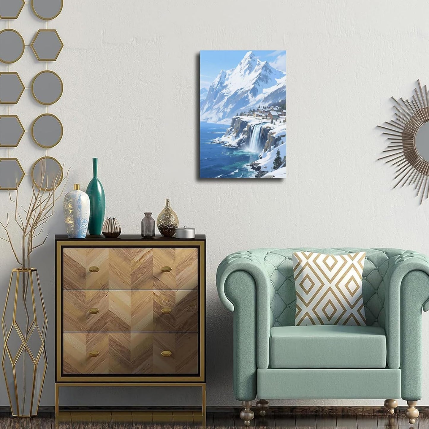 Winter lakeside town and snowy scenery merge together to form a landscape poster wall art suitable for living room bedroom and office