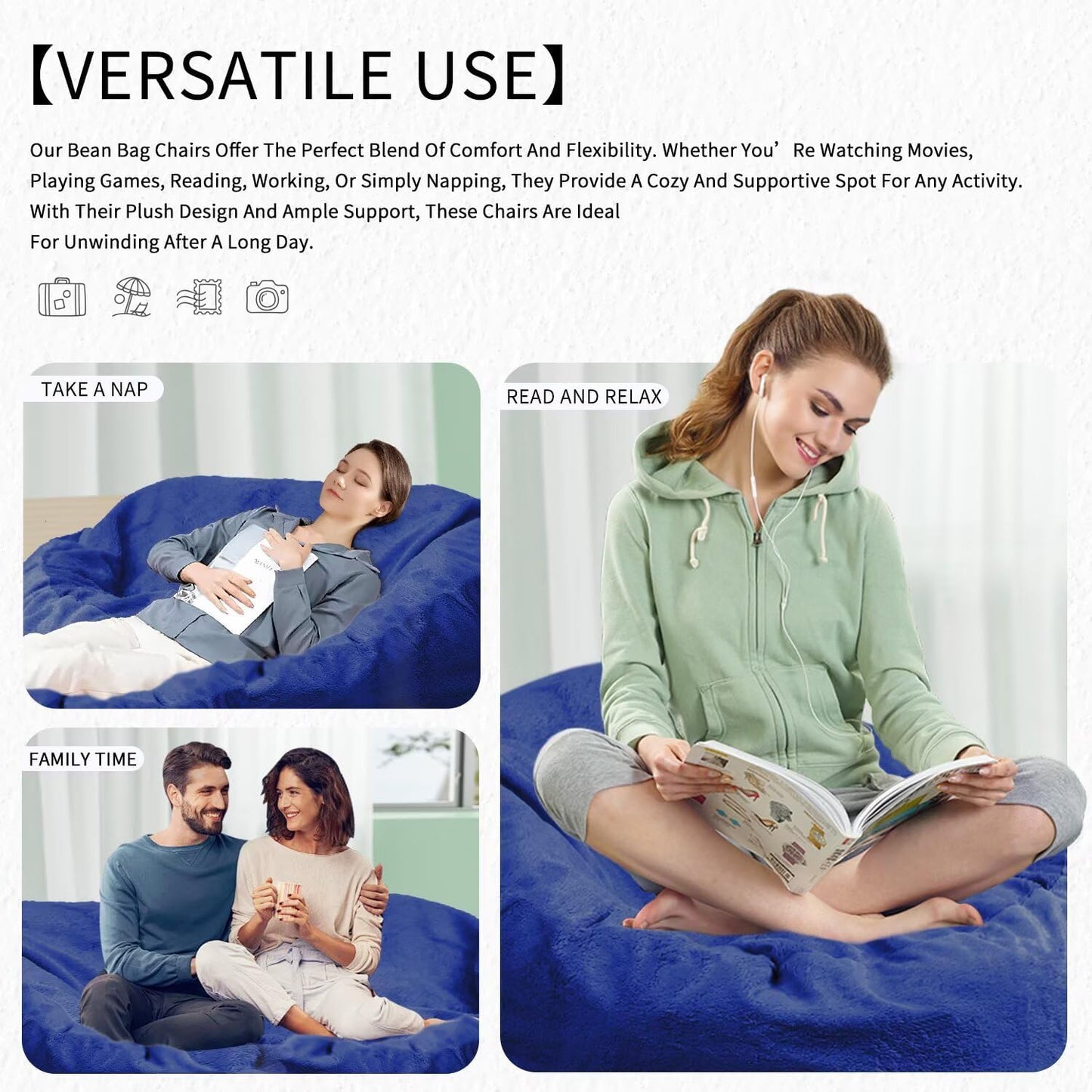 Bean Bag Chair for Adults 6FT,Soft Removable Cover for Teens/Girls Bedroom,Fluffy Giant Round Floor Beanbag Lounger Chairs (No Filler,Sapphire)