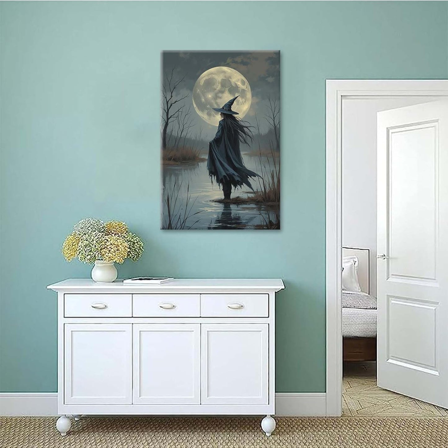 JFHCQJPK Witch in the moonlight magic canvas wall art enchanting Halloween home decor swamp witch silhouette oil painting mysterious gothic aesthetic wall decor print poster16x24in Frameless