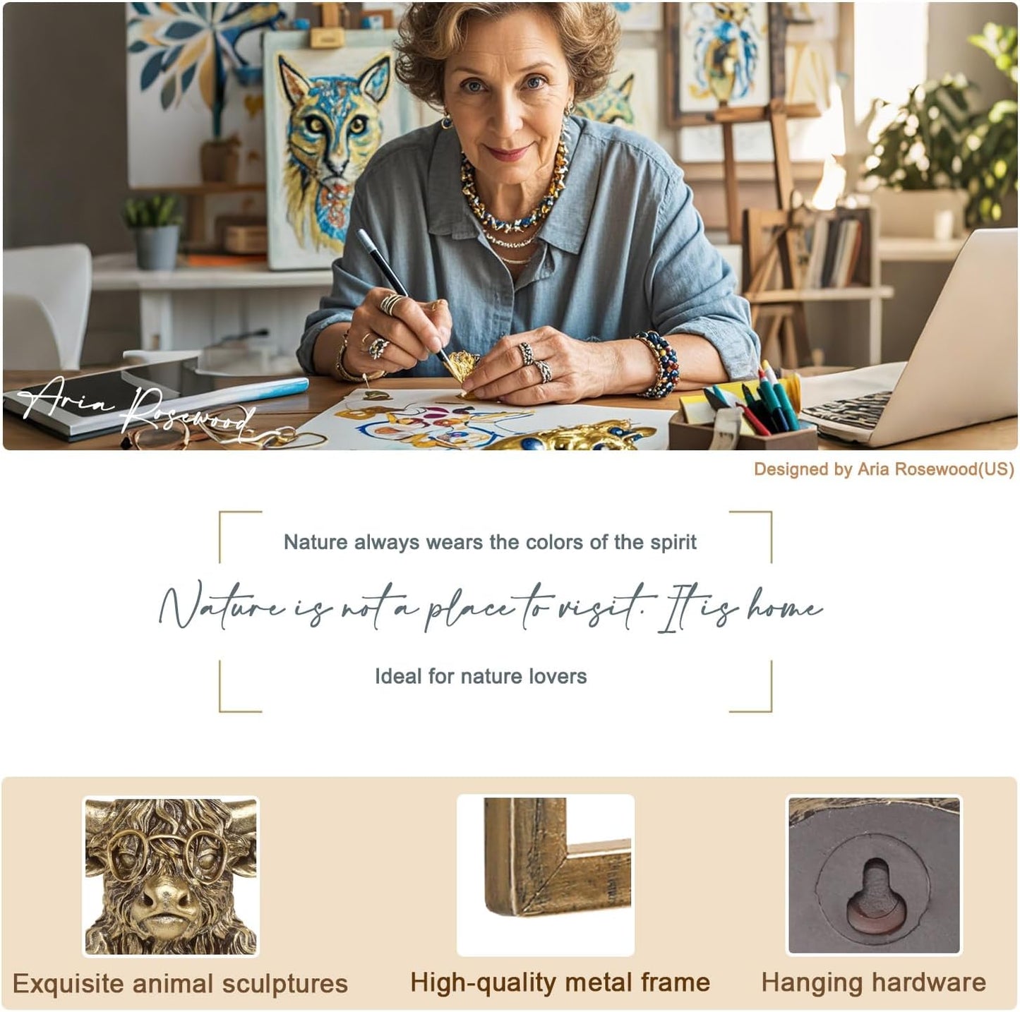 Animal Heads Wall Decor (Includes Metal Frame) Resin Animals Sculptures Head Wall Hanging Decoration Gold vintage Wall Sculpture for Living Room Bedroom Office(Highland cattle)