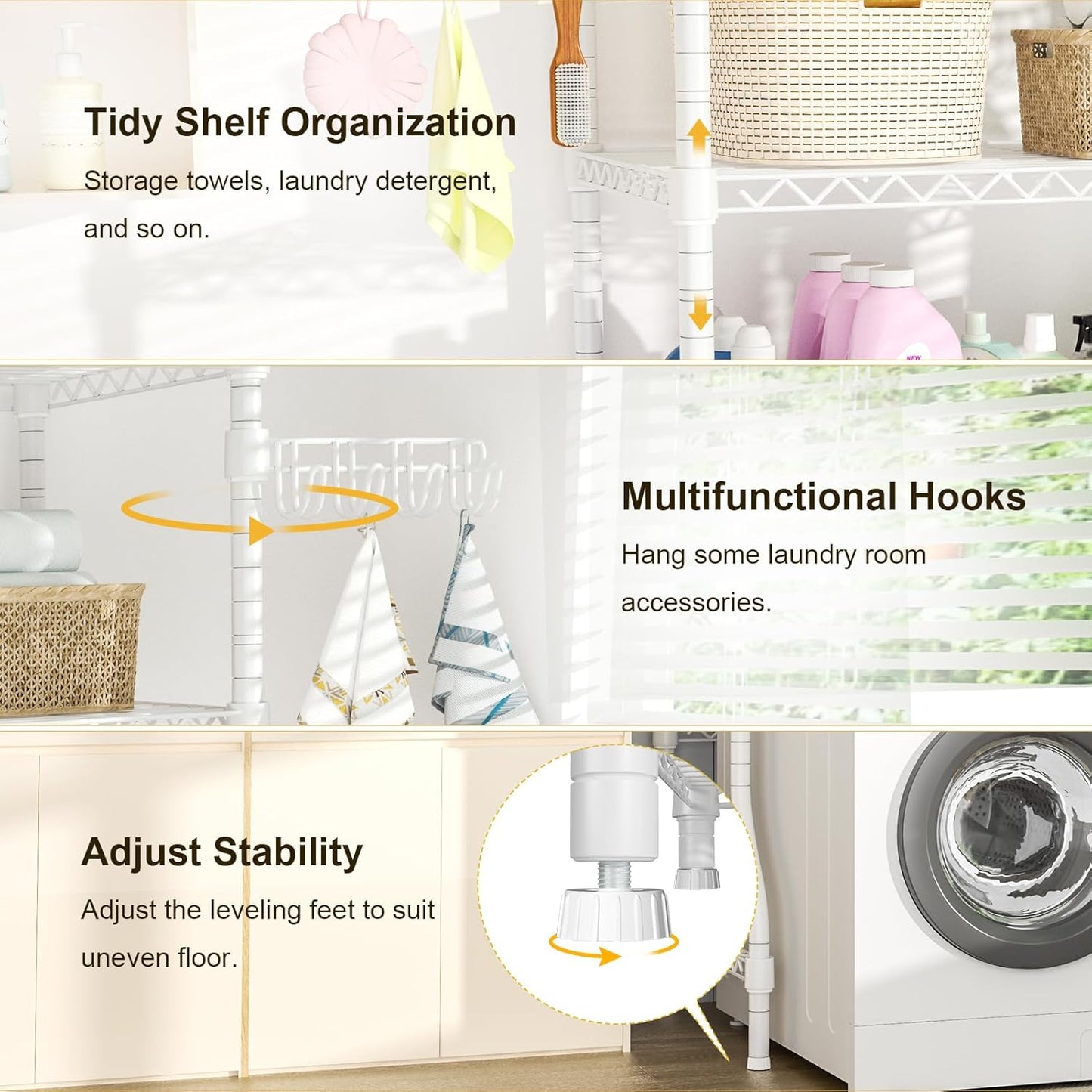 Ulif U8 Laundry Room Storage Organizer, Over The Washer and Dryer Storage Shelves for Laundry Organization, 35”W x 17.3”D x 76.2”H, Suit Washing Machine Width Within 32.6”, Hold 304 lb, White