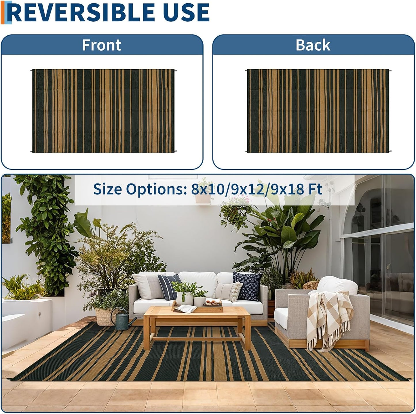 Outdoor Patio Rug 9x12 Stain-Resistant Reversible Camping Mat, Modern Striped Outdoor Plastic Straw Rug, Waterproof Outside Carpet, Easy to Clean for RV, Porch, Deck, Balcony, Black Brown