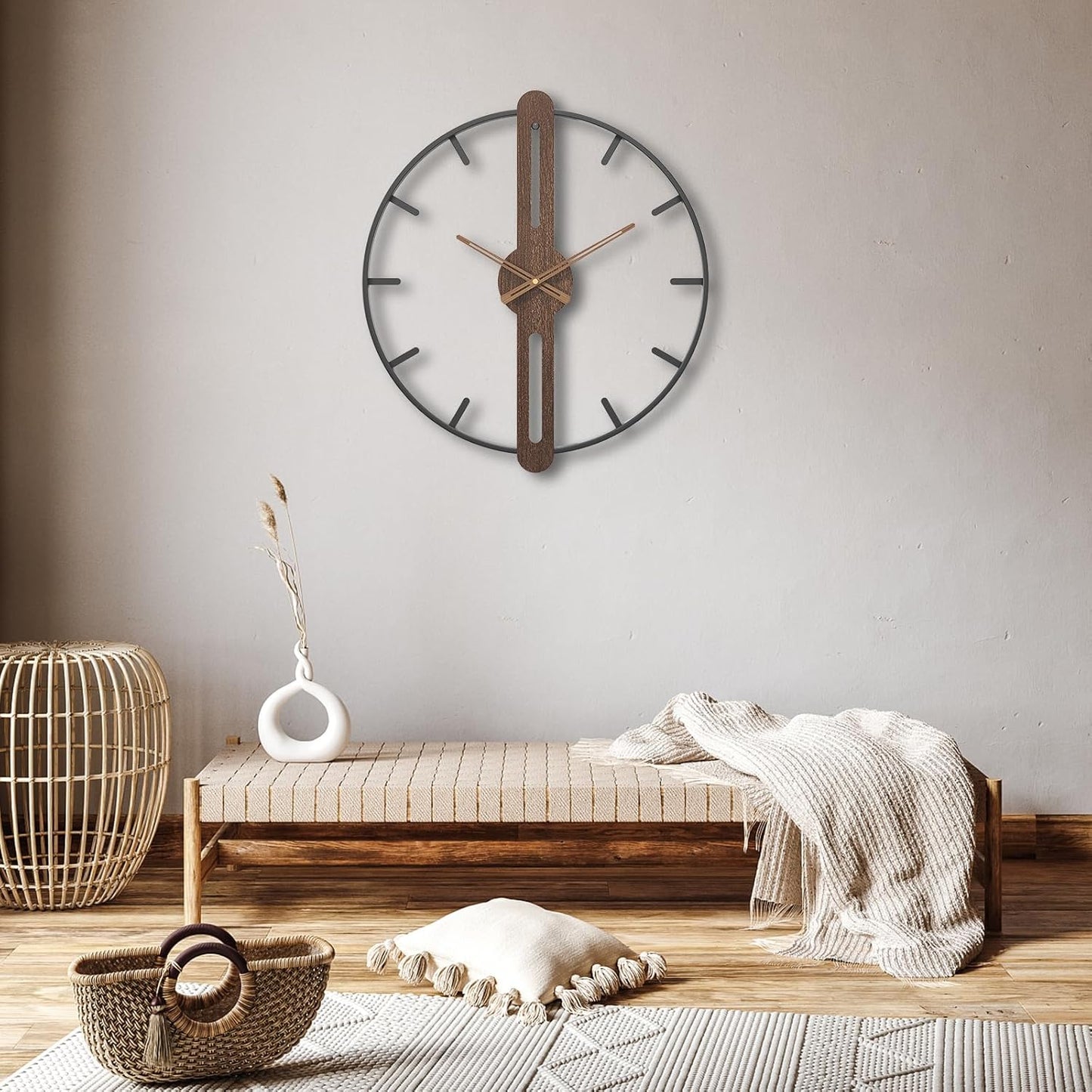 Modern Walnut Dial Wall Clock, Wood Large Wall Clock Decor Metal Frame Silent Non Ticking for Living Room, Bedroom, Kitchen, Study Decoration, Handmade Home Present Idea, 24 in (60 cm)