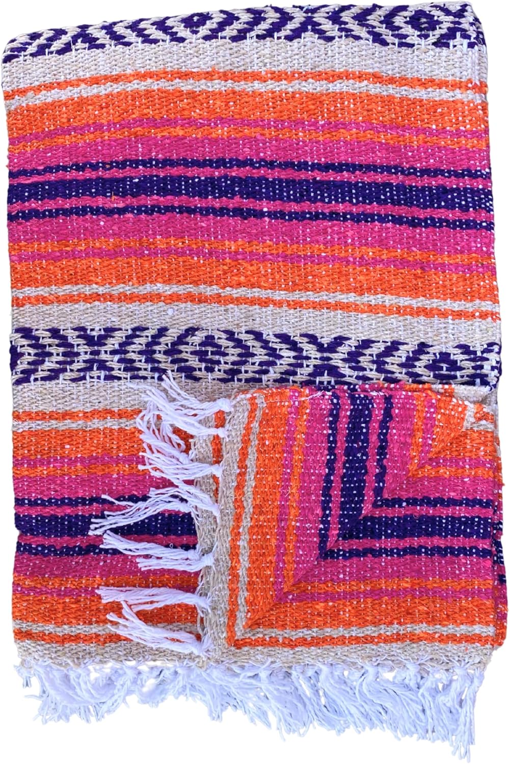 Del Mex Classic Mexican Blanket, Large Authentic Woven Falsa Throw (70"x50"), Artisan Southwest Décor for Beach, Yoga, Outdoors (Pink/Orange)