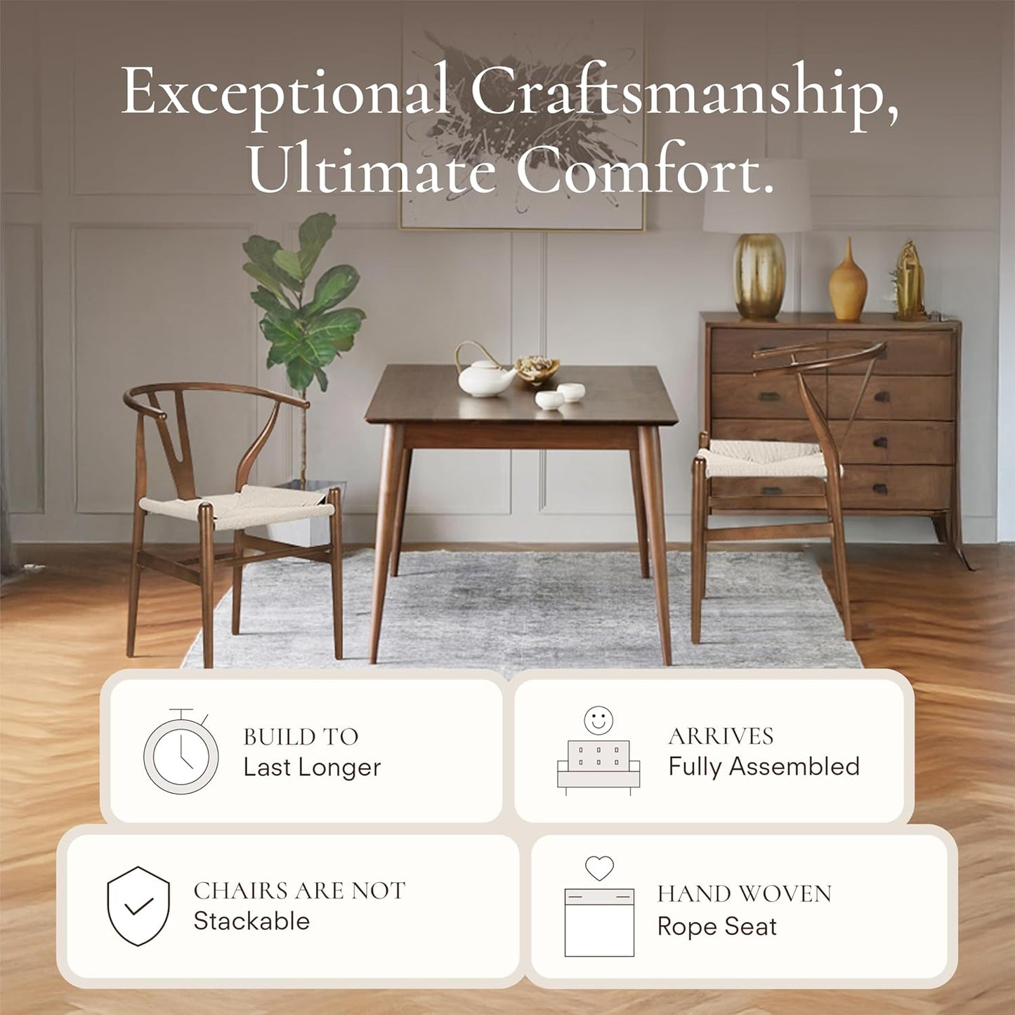 POLY & BARK Weave Dining Chair – Mid-Century Modern Wishbone Dining Chair with Arms, Solid Wood Frame, Indoor Use – Walnut – Single - Ideal for Dining Room, Kitchen or Stylish Accent Setting